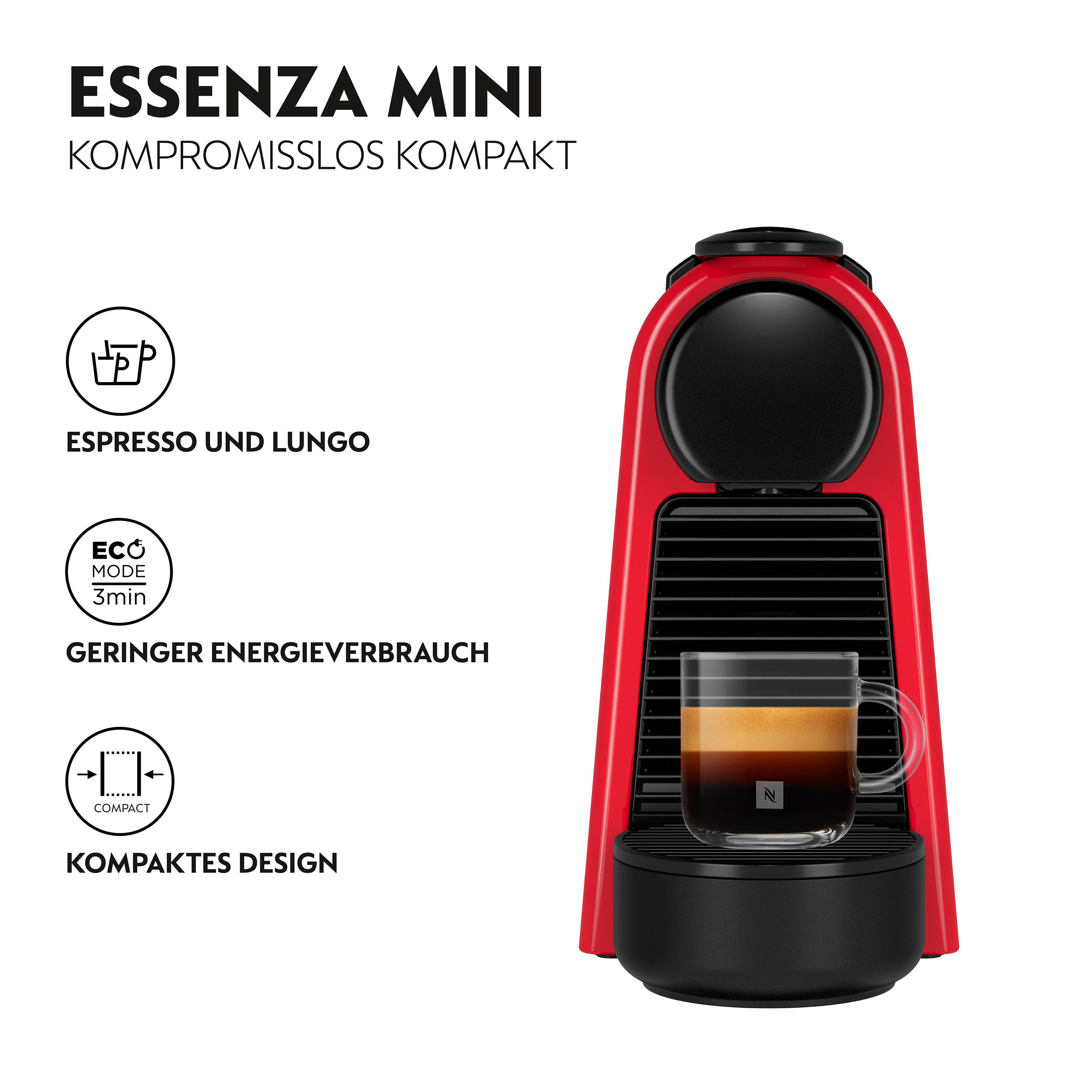 Rote Kaffeemaschine mit Kaffeetasse. Text links: Essenza Mini, Espresso, Eco-Modus, Kompaktes Design.