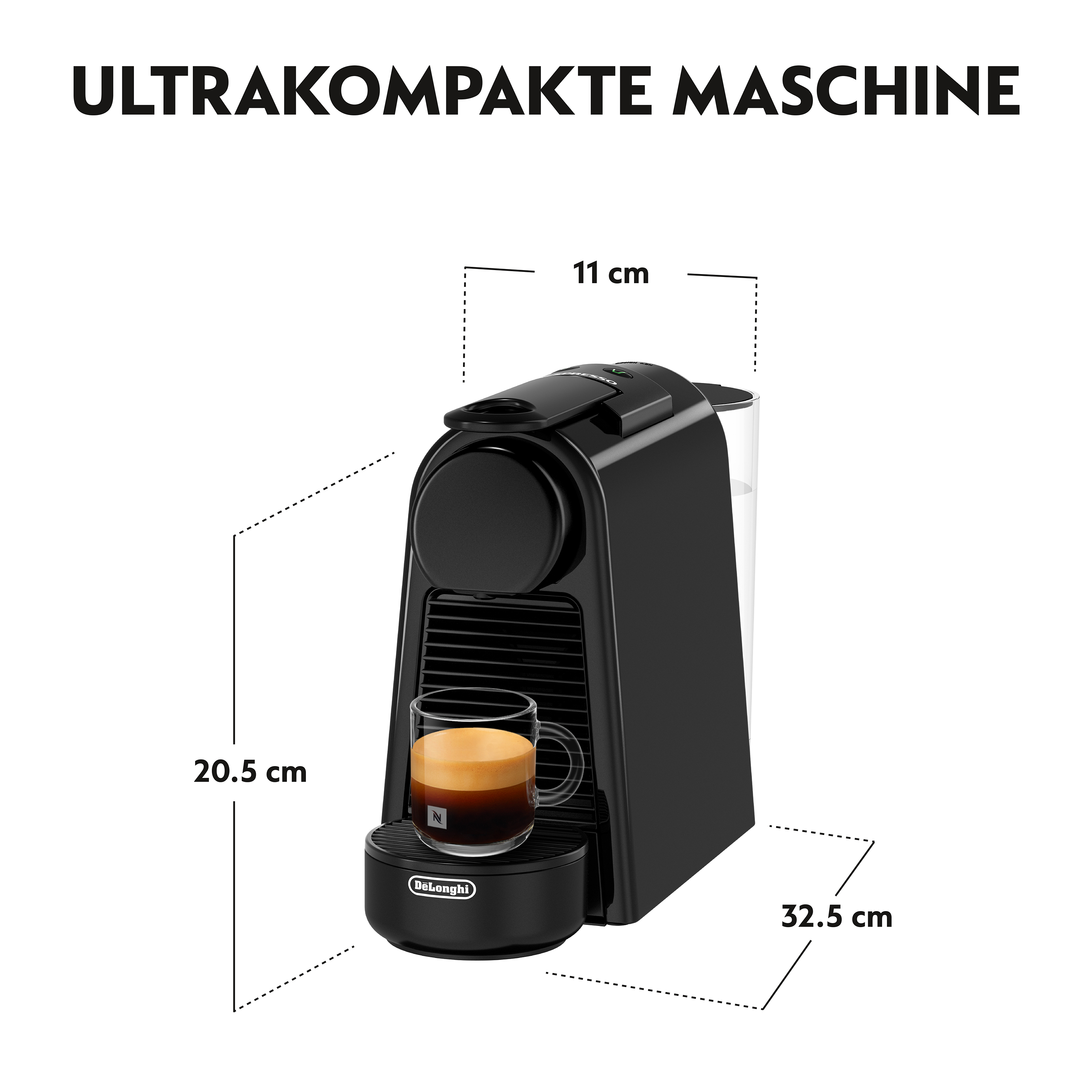 Eine schwarze Kaffeemaschine mit einem Glas Kaffee davor. Abmessungen werden angezeigt. Der Text oben lautet 'ULTRAKOMPAKTE MASCHINE'.