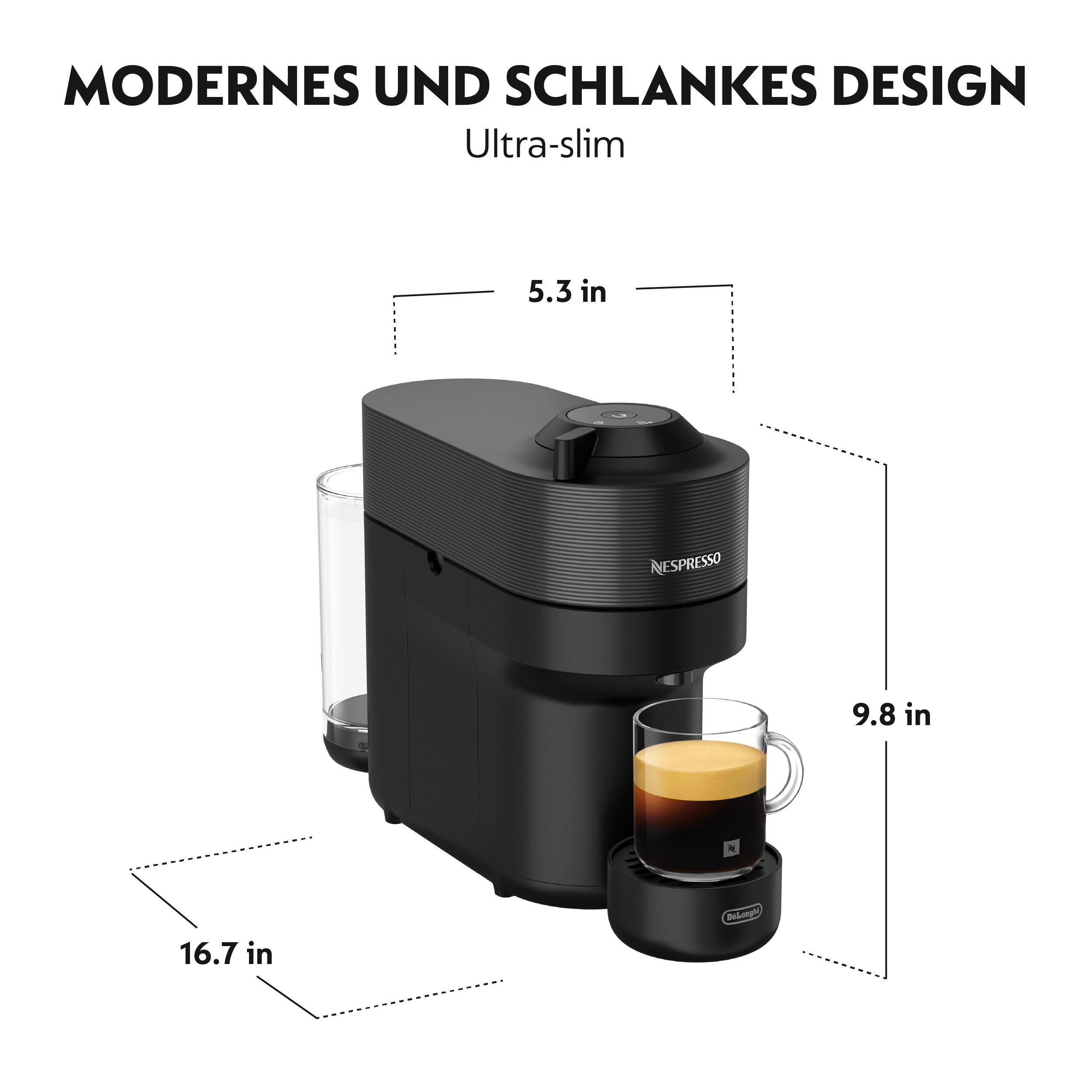 Eine schwarze Nespresso-Maschine mit einer Tasse Kaffee. Die Maschine wird mit 16,7 Zoll, 5,3 Zoll und 9,8 Zoll gemessen.