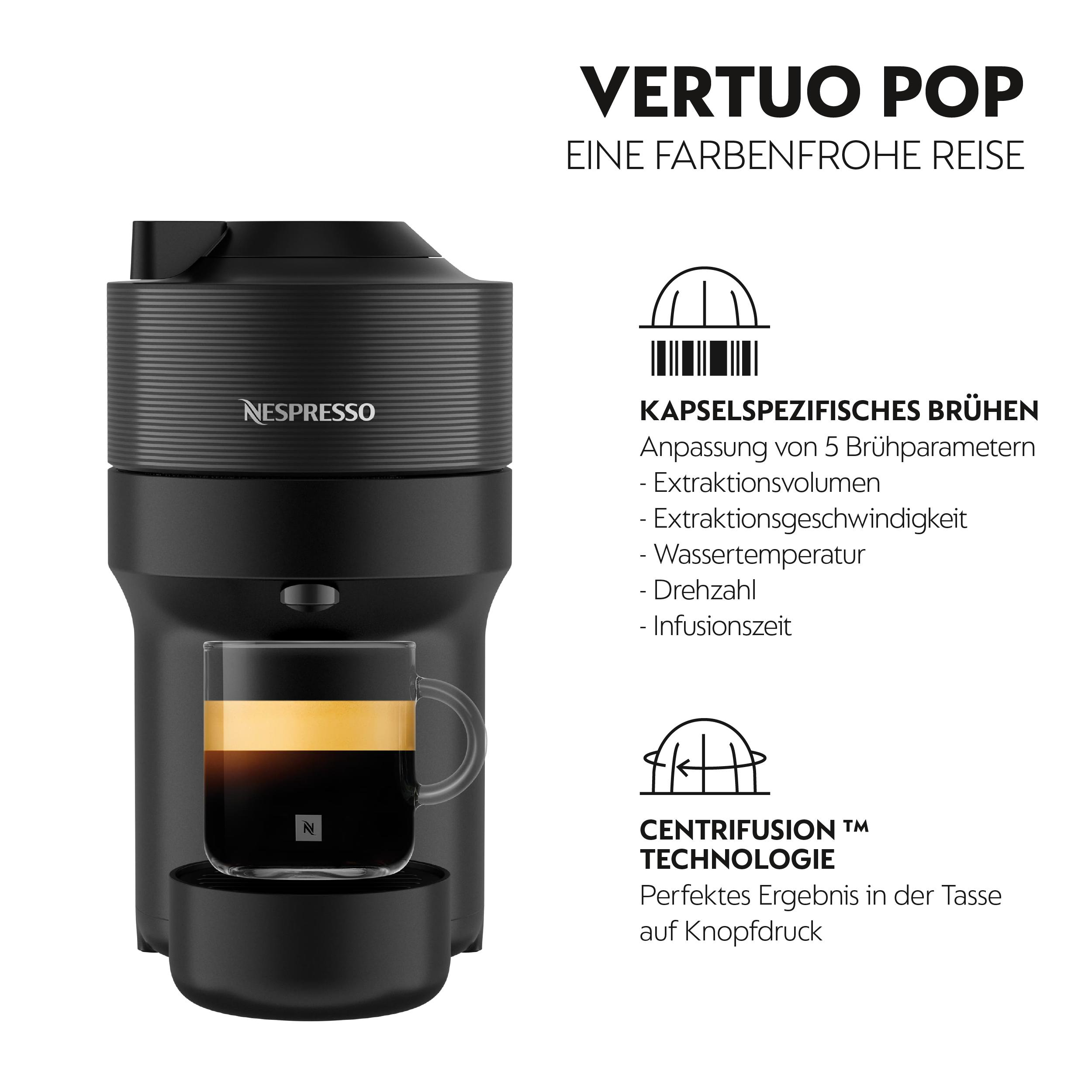 Schwarze Nespresso Vertuo Pop Kaffeemaschine. Ein Glas mit Kaffee in der Mitte. Text und Symbole im Hintergrund.