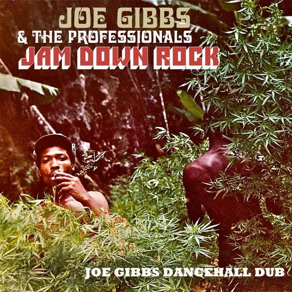 Albumcover. Ein Mann raucht im Gebüsch. Der Albumtitel lautet 'Jam Down Rock' von Joe Gibbs & The Professionals.