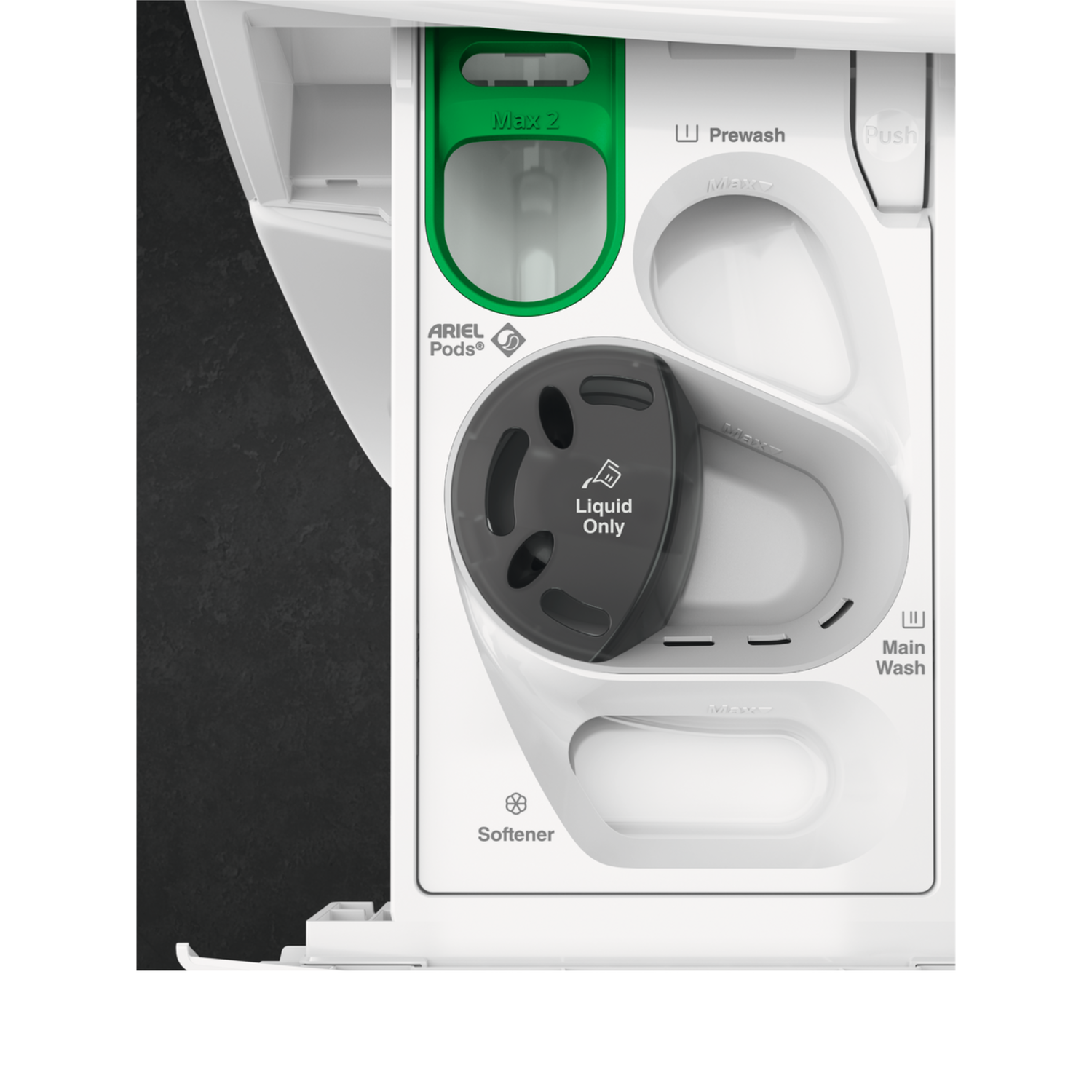 Washing machine detergent drawer with compartments for prewash, main wash, softener, and Ariel pods. The drawer is white with green accents.