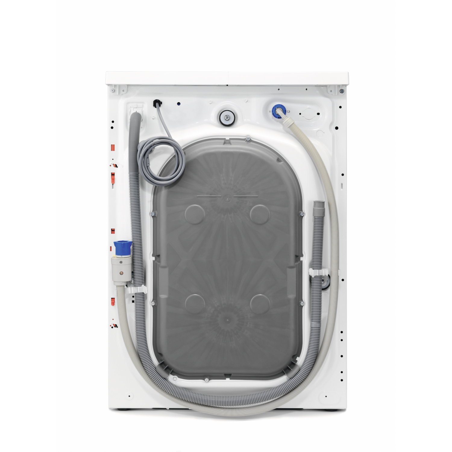 Back of a white washing machine with gray hoses, connectors and a gray plastic cover. Blue and grey details.