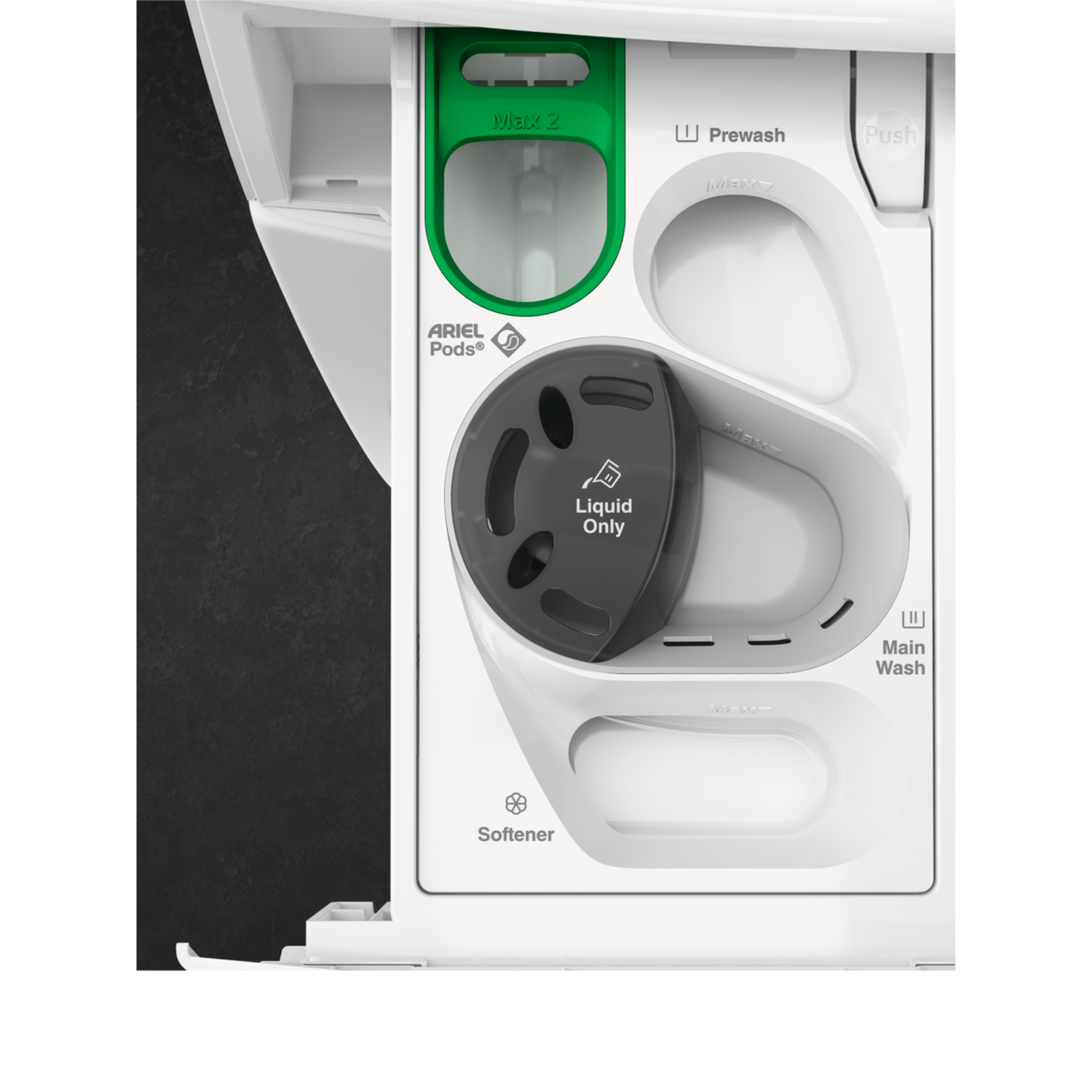 Close-up of a washing machine detergent drawer. It has compartments for prewash, main wash, softener, and Ariel pods. 