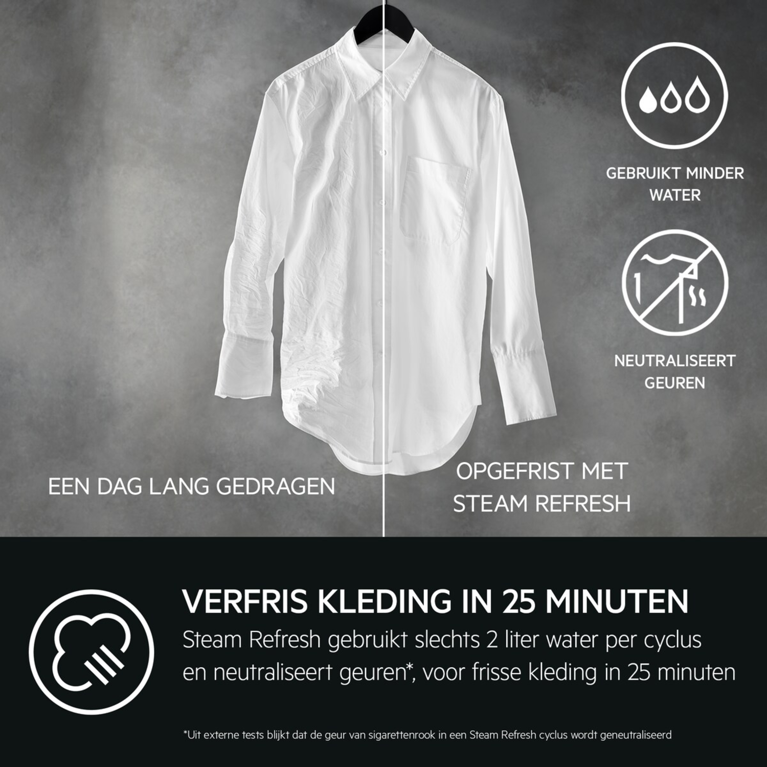 A white shirt hangs on a black hanger. Text says, 'Refreshed with steam refresh' and details water and odor removal.