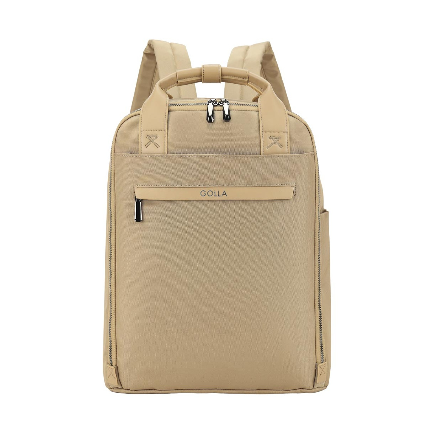 Uno zaino beige con manico e spallacci. Ha cerniere e una tasca frontale. Il marchio GOLLA è visibile.