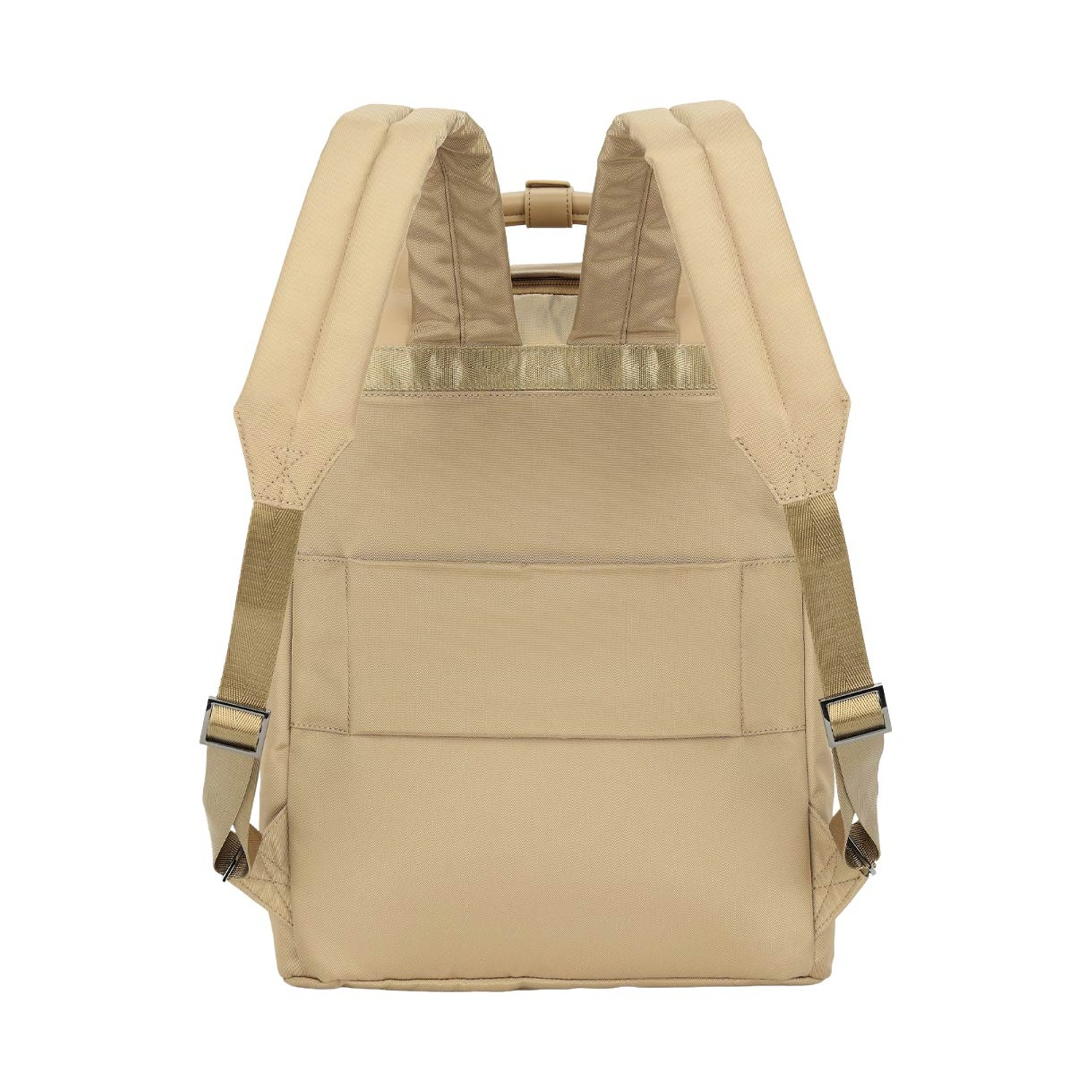 Uno zaino beige è mostrato da dietro. Ha spallacci imbottiti, una maniglia e cinghie regolabili con fibbie metalliche.