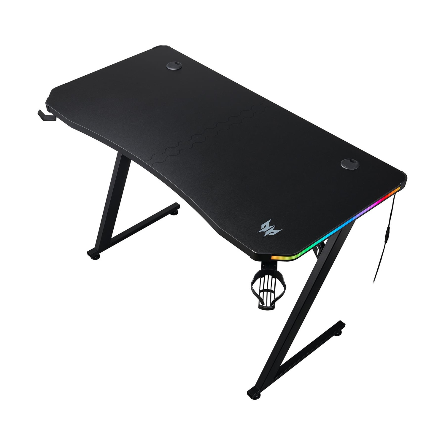 Scrivania da gaming nera con bordo curvo, gambe a Z e portabicchieri integrato. Illuminazione RGB e logo Predator.