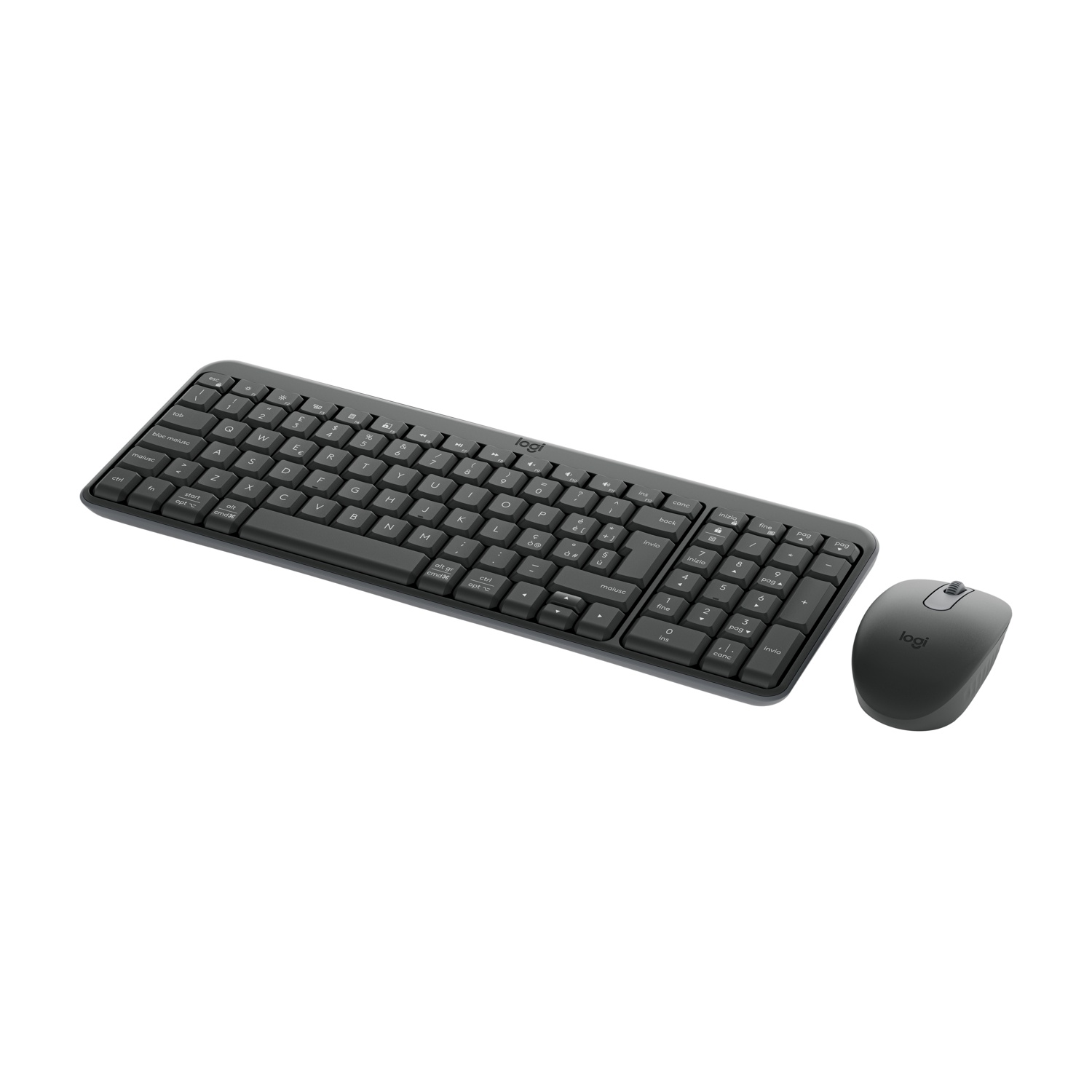 Un set tastiera e mouse Logitech wireless. Entrambi sono grigio scuro su sfondo bianco.