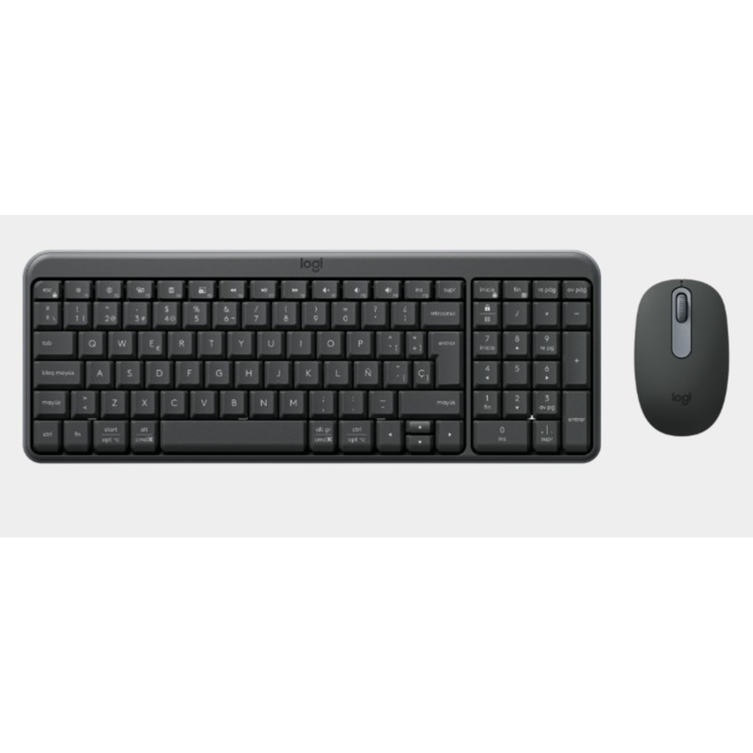 Un set tastiera e mouse Logitech neri. La tastiera ha tasti con lettere bianche. Il mouse è nero e ha una rotella di scorrimento.
