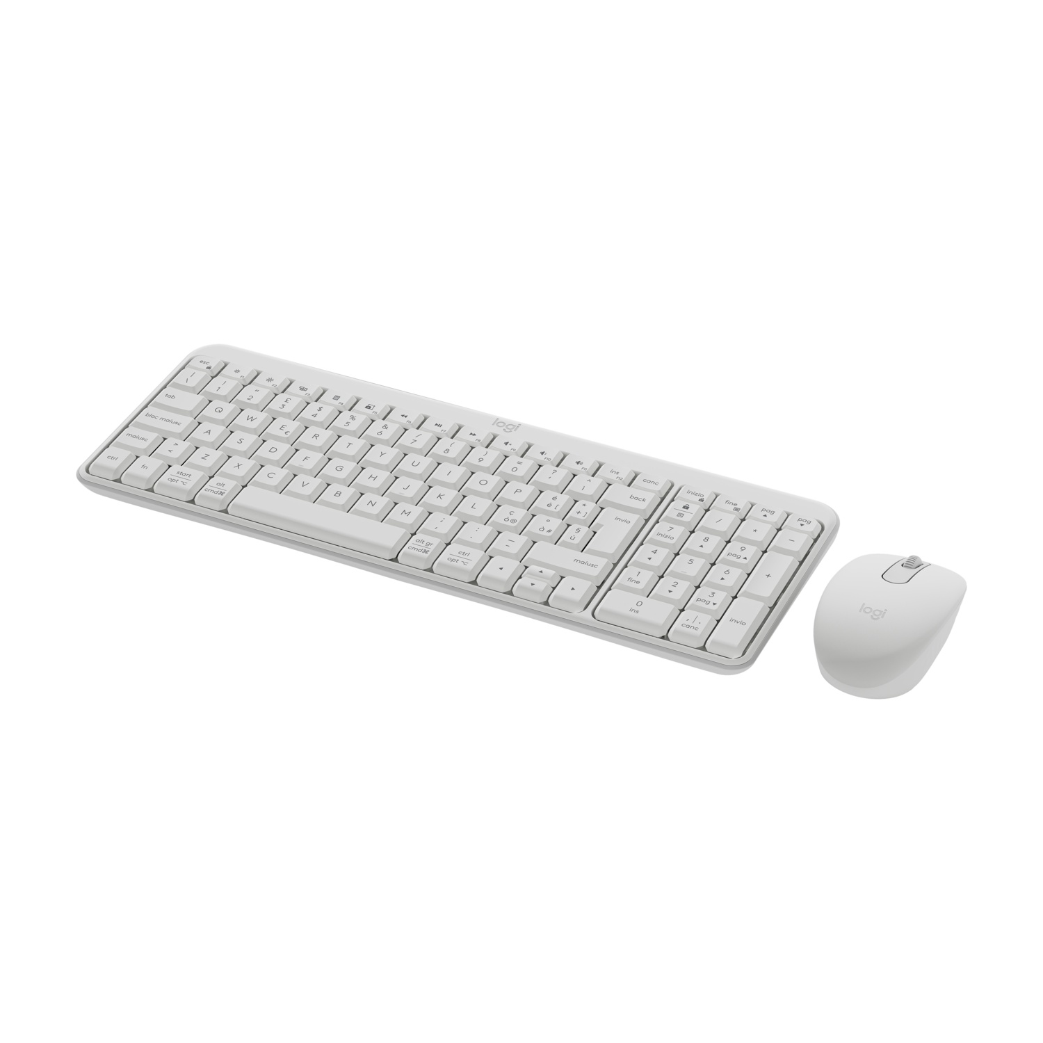 Un set di tastiera e mouse bianchi su sfondo bianco. La tastiera è rettangolare. Il mouse è ovale.