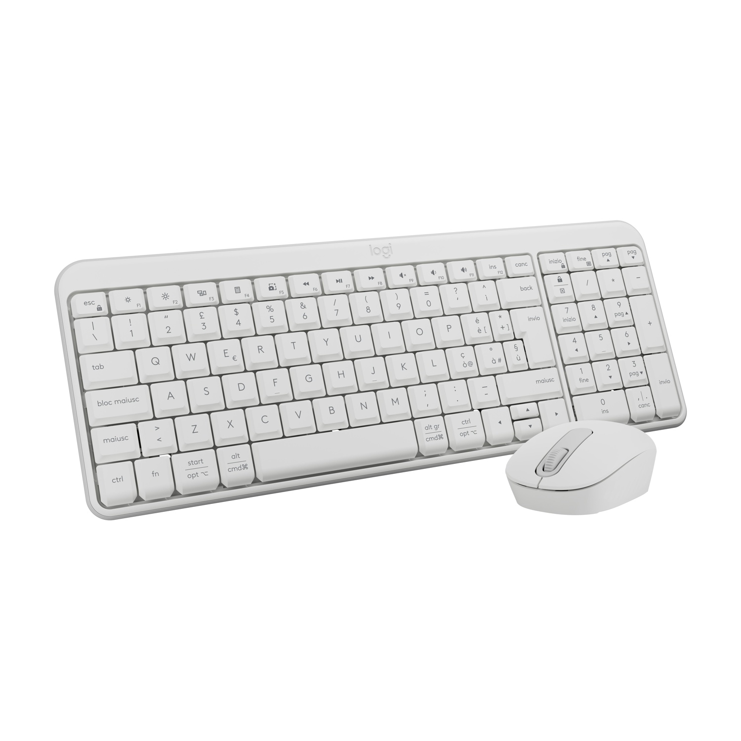 Un set di tastiera e mouse wireless bianchi su sfondo bianco. La tastiera ha un logo Logitech.