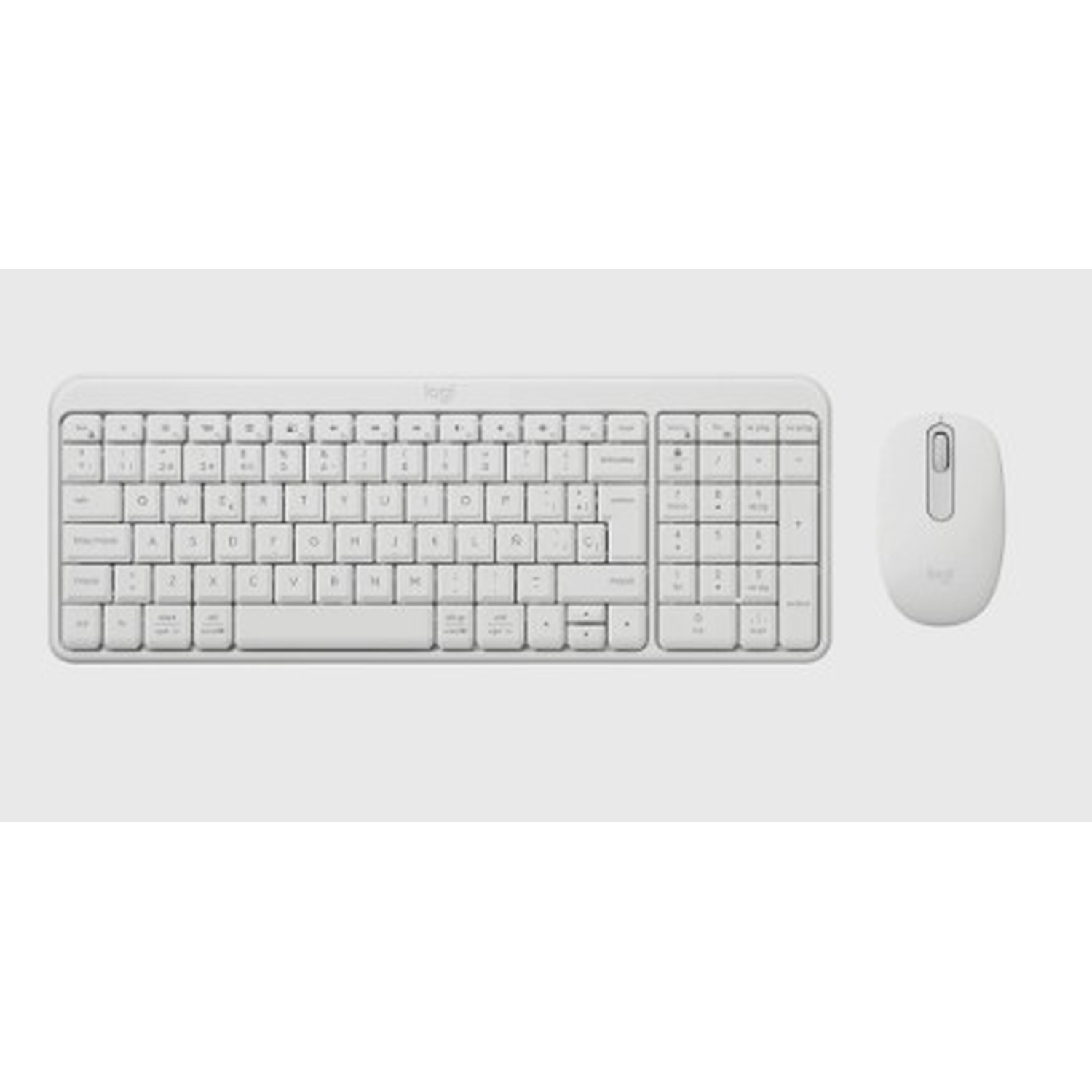 Un set di tastiera e mouse wireless bianchi. La tastiera ha tasti con lettere e numeri. Il mouse ha una rotella di scorrimento.