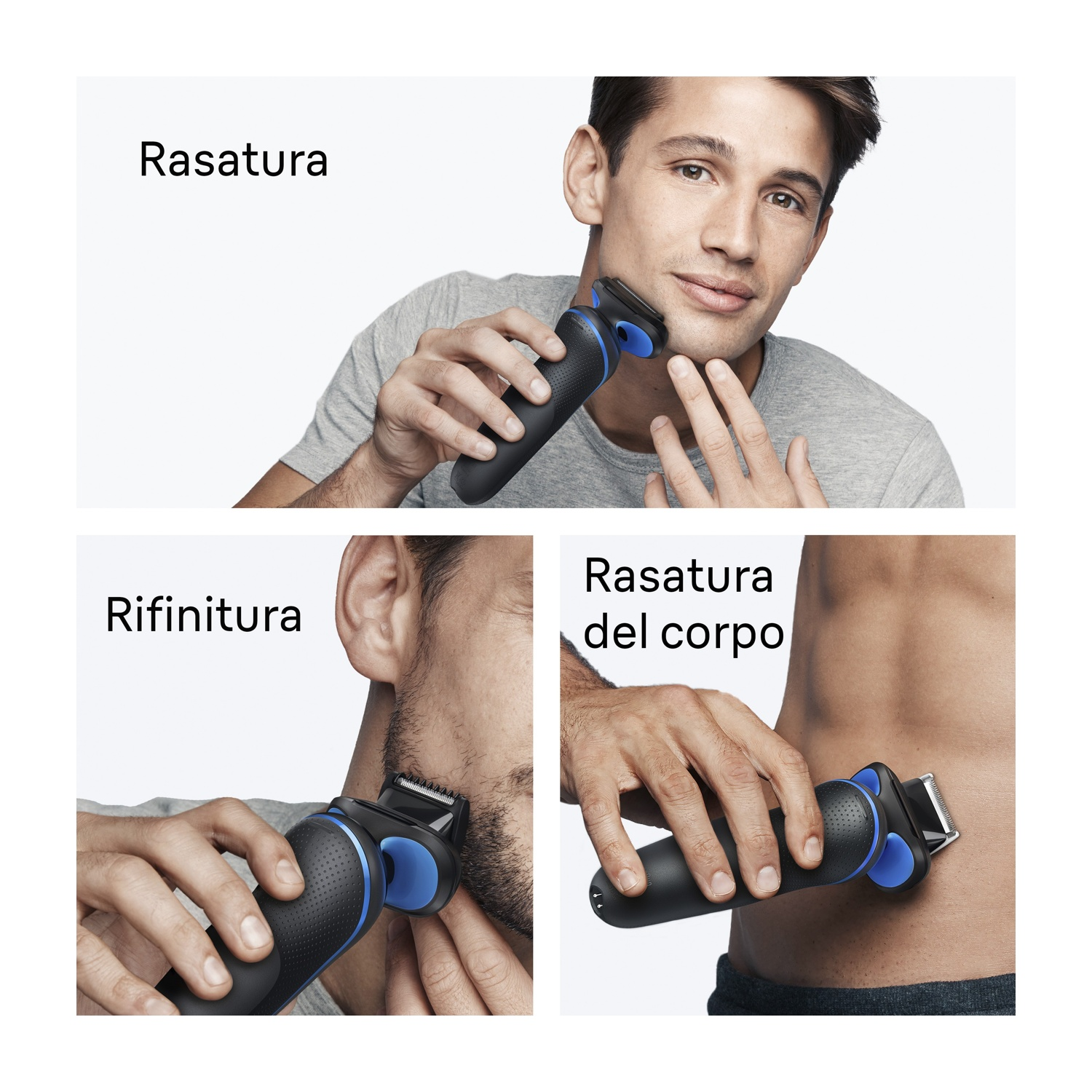 Un uomo si rade il viso con un rasoio elettrico nero e blu. Il testo recita 'Rasatura'. Altre immagini mostrano la rasatura del corpo e della barba.