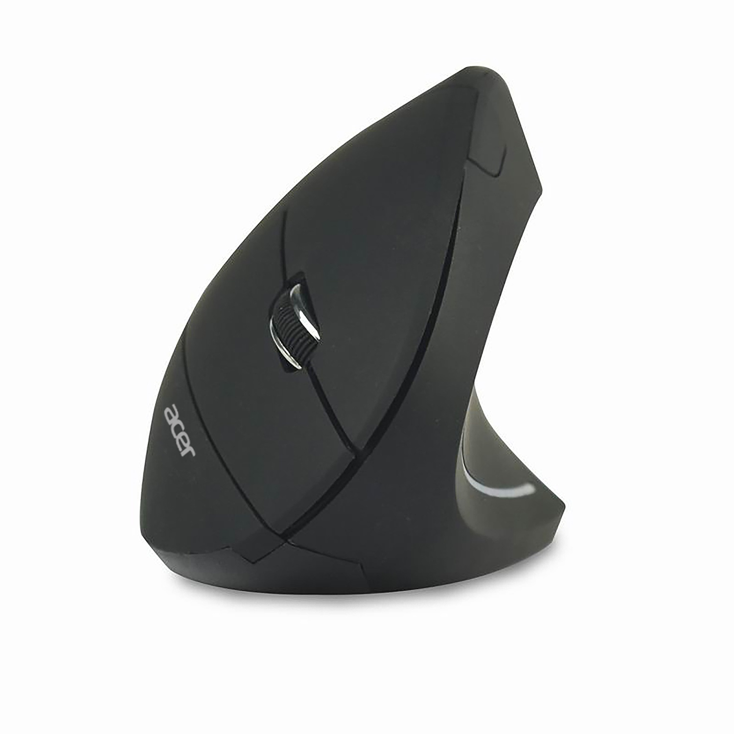 Un mouse verticale Acer nero su sfondo bianco. Ha una rotella e due pulsanti. Il marchio è visibile.