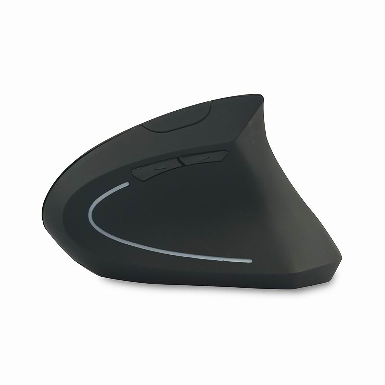 Un mouse ergonomico nero. Ha un design curvo, due pulsanti e una linea curva bianca.