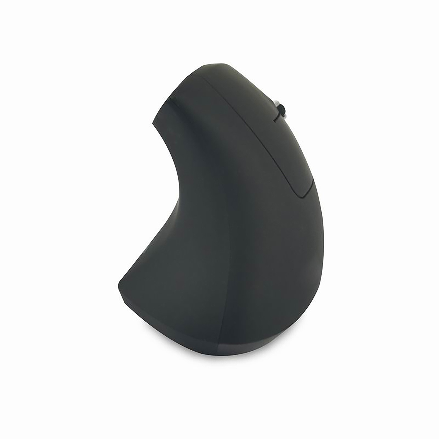 Un mouse verticale ergonomico nero. Ha un design curvo e un pulsante in alto. Lo sfondo è bianco.