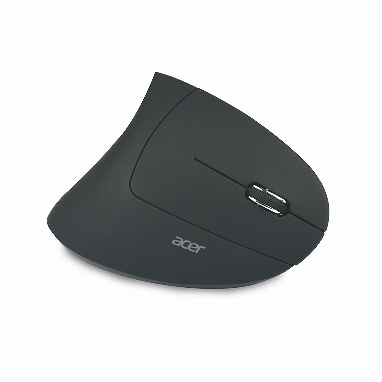 Un mouse ergonomico Acer nero su sfondo bianco. Il mouse ha una rotella di scorrimento e il logo Acer.
