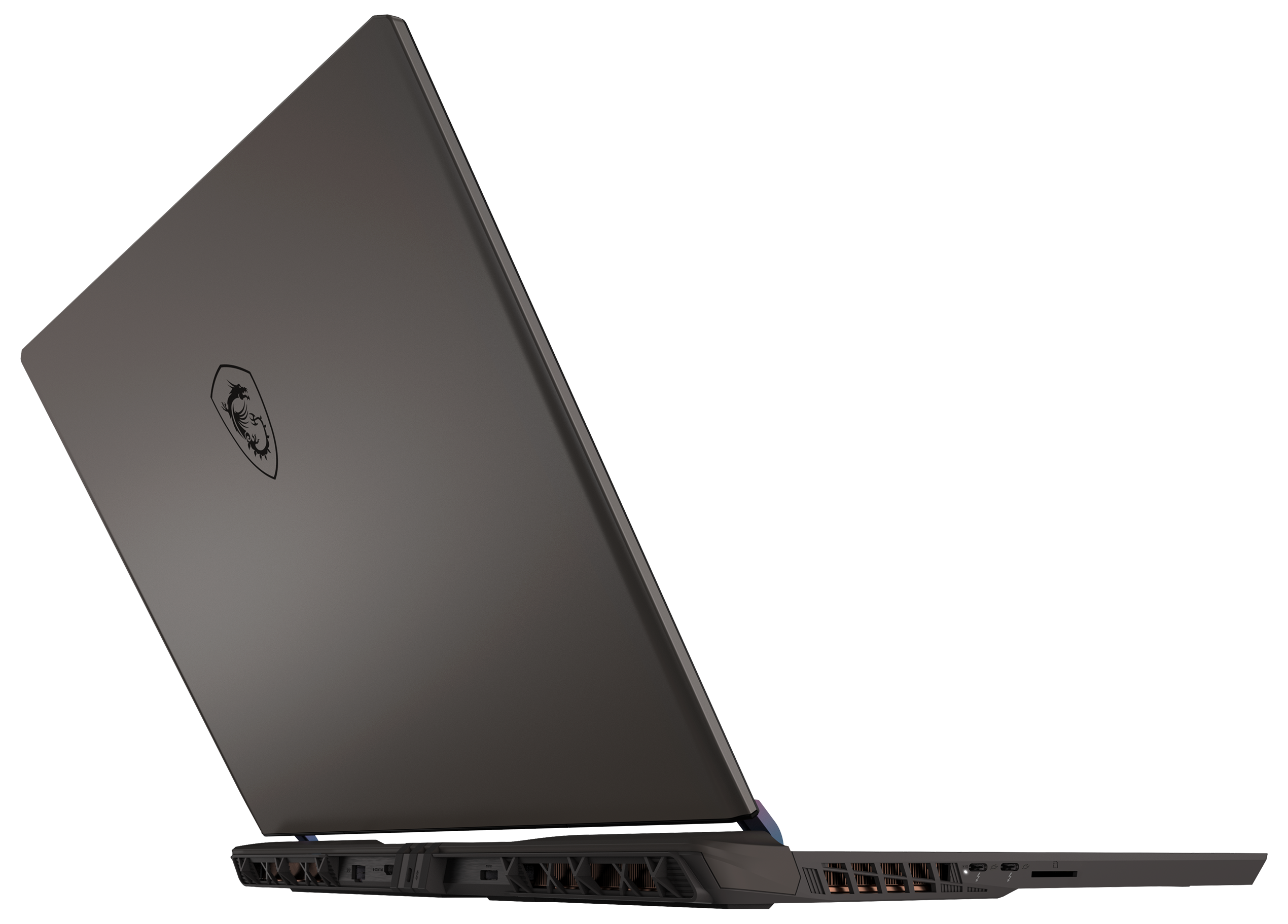Ein dunkelgrauer Laptop ist geöffnet und angewinkelt. Ein Drachenlogo ist sichtbar. Der Hintergrund ist schwarz.