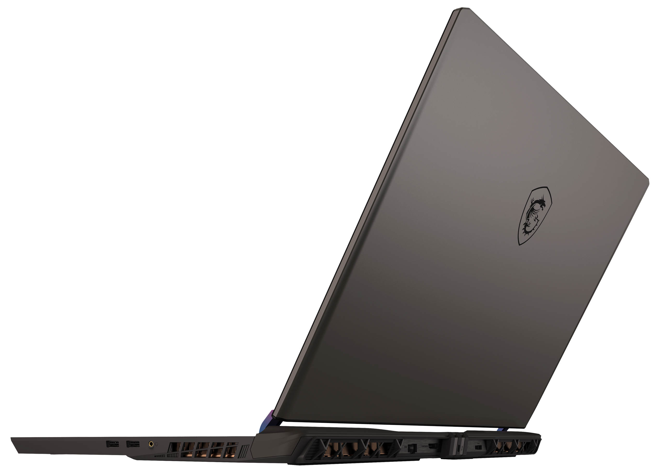 Ein dunkelgrauer Laptop ist angewinkelt geöffnet und zeigt die Rückseite mit einem Drachenlogo. Die Unterseite zeigt Anschlüsse und Lüfter.