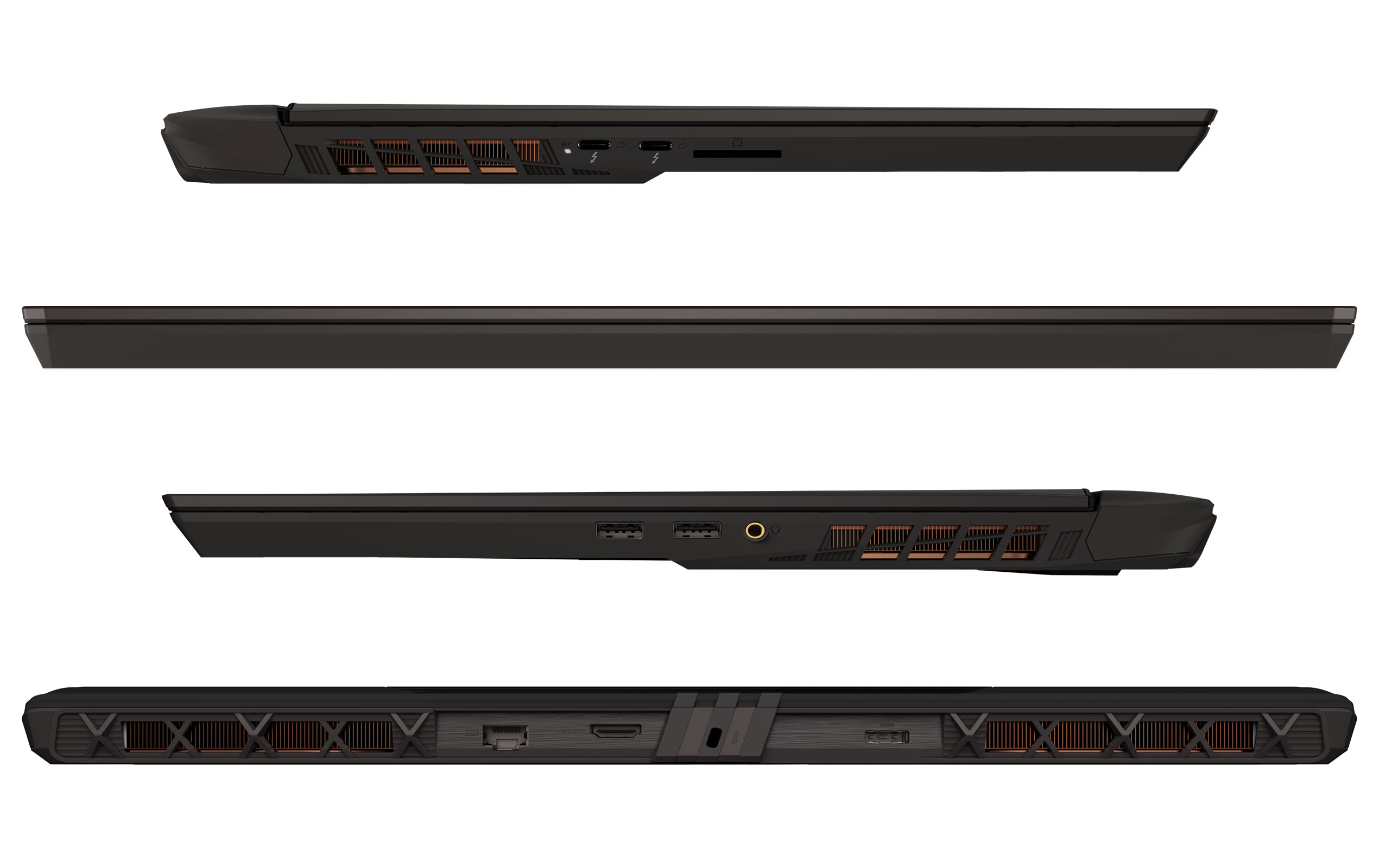 Schwarzer Laptop, Seitenansichten. Zeigt Anschlüsse, Lüftungsschlitze und das Gesamtdesign. Enthält USB, Strom und Audioanschlüsse.