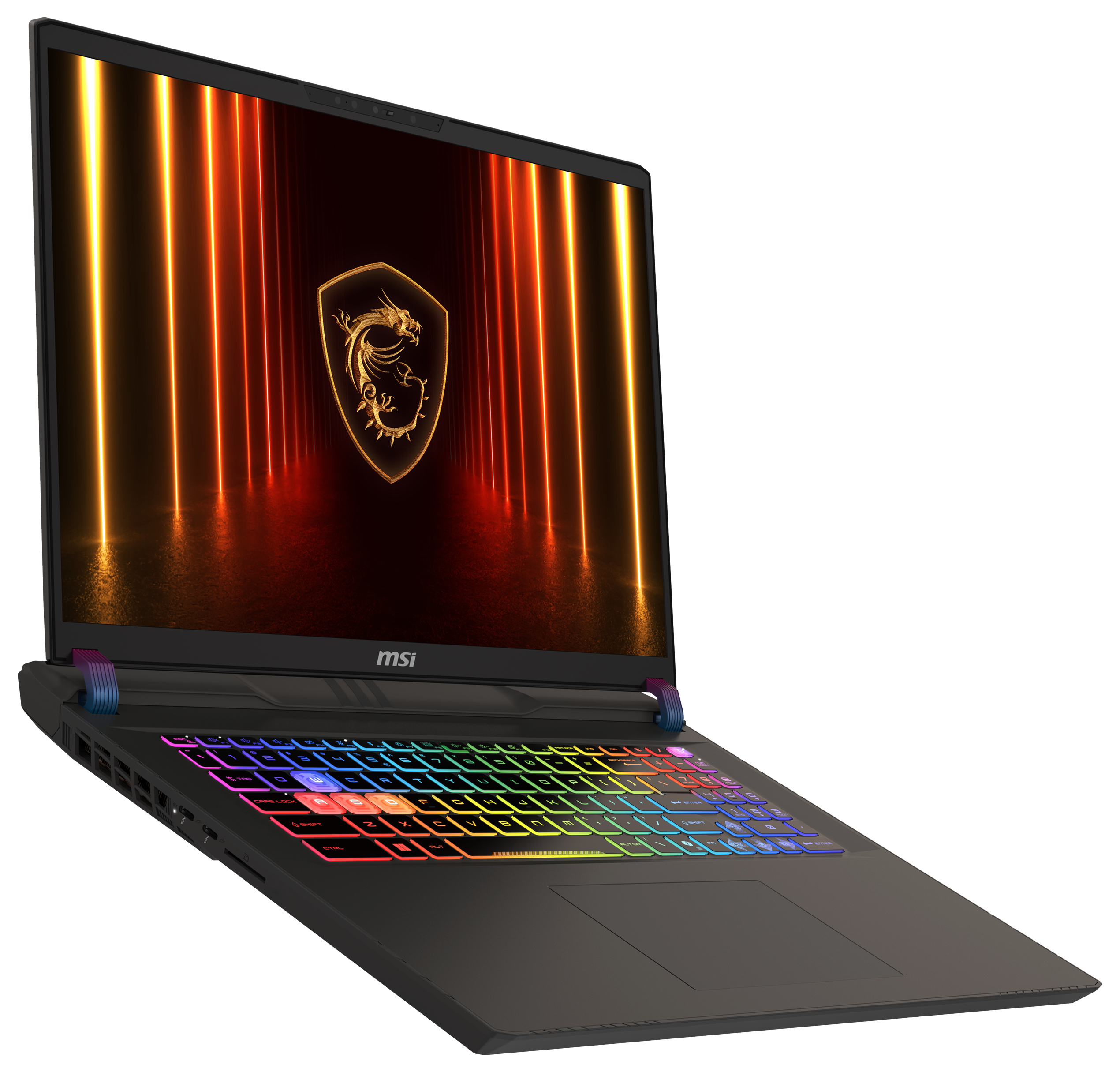 Ein schwarzer Laptop mit farbenfroher Tastatur. Der Bildschirm zeigt ein beleuchtetes Logo und Linien. Der Hintergrund ist schwarz.
