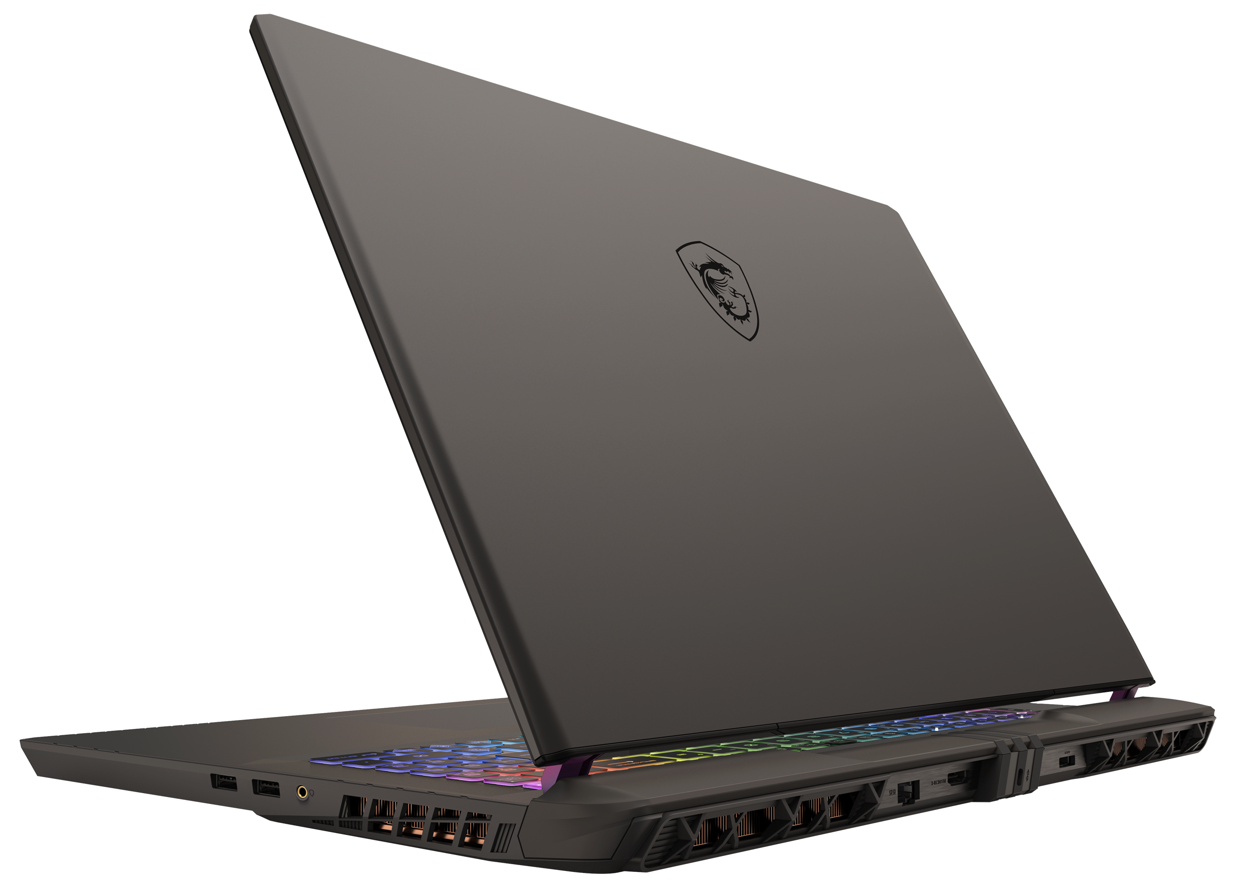 Ein dunkelgrauer Laptop ist geöffnet und zeigt eine hintergrundbeleuchtete Tastatur. Das MSI-Logo befindet sich auf dem Deckel. Der Hintergrund ist schwarz.