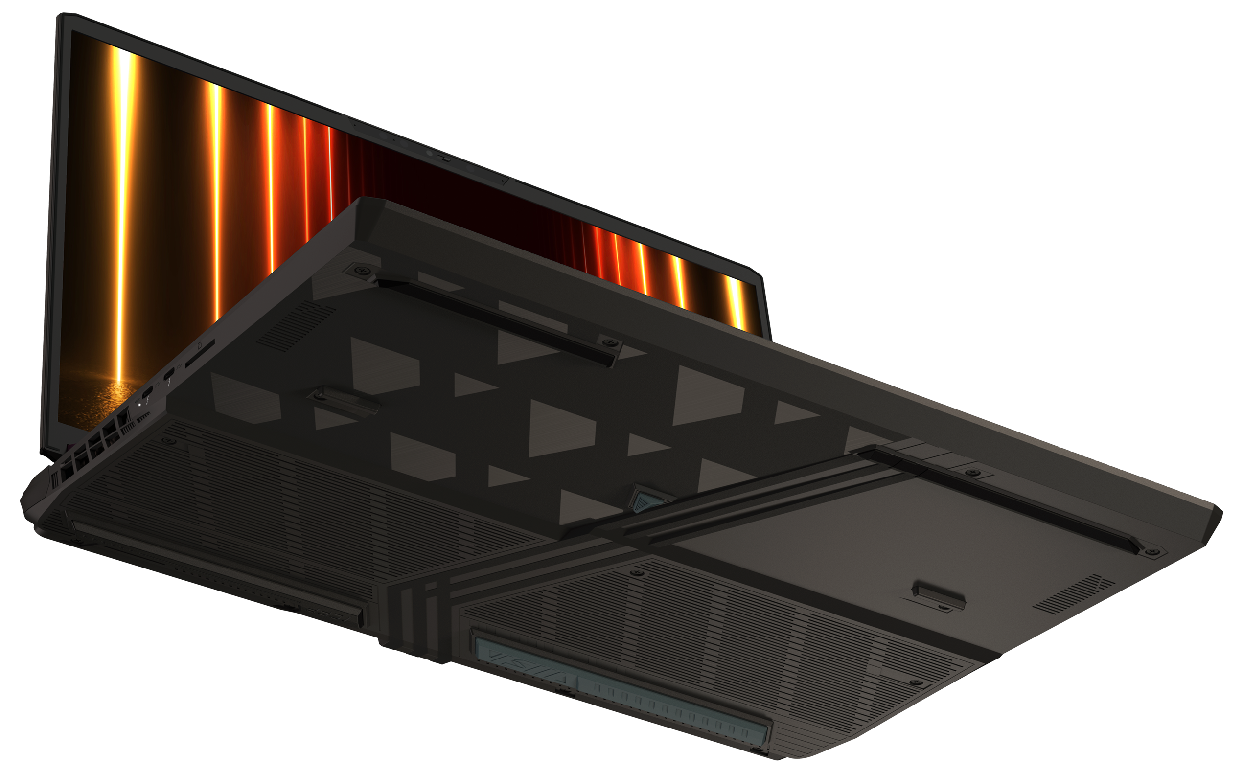 Ein Laptop mit offenem Bildschirm, der orangefarbene und gelbe Lichter zeigt, dunkler grauer Boden mit Belüftung und geometrischen Formen.