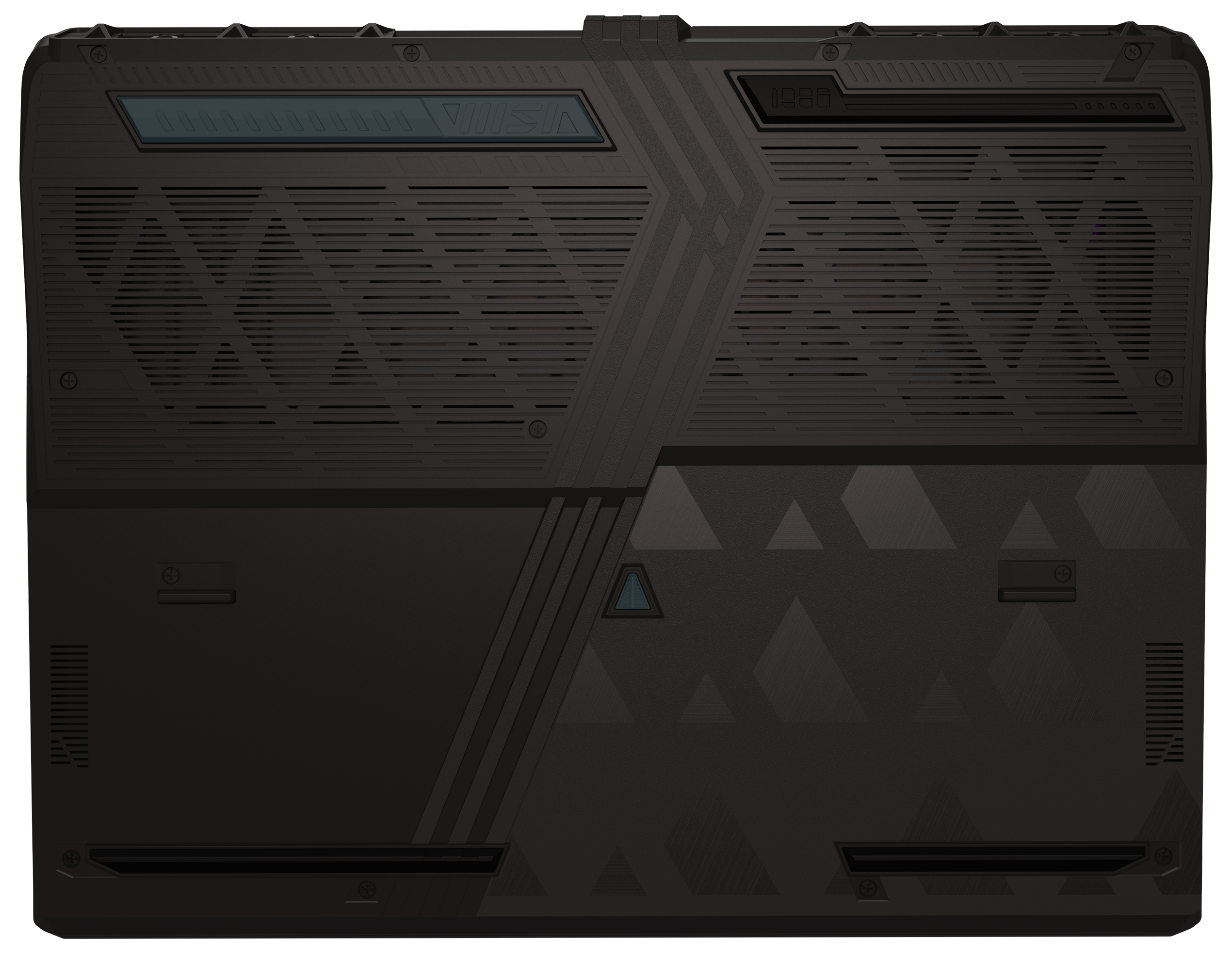 Schwarze Laptop-Rückseite mit geometrischen Designs, Lüftungsschlitzen und der Zahl 1986. Dreieckige und rechteckige Akzente.
