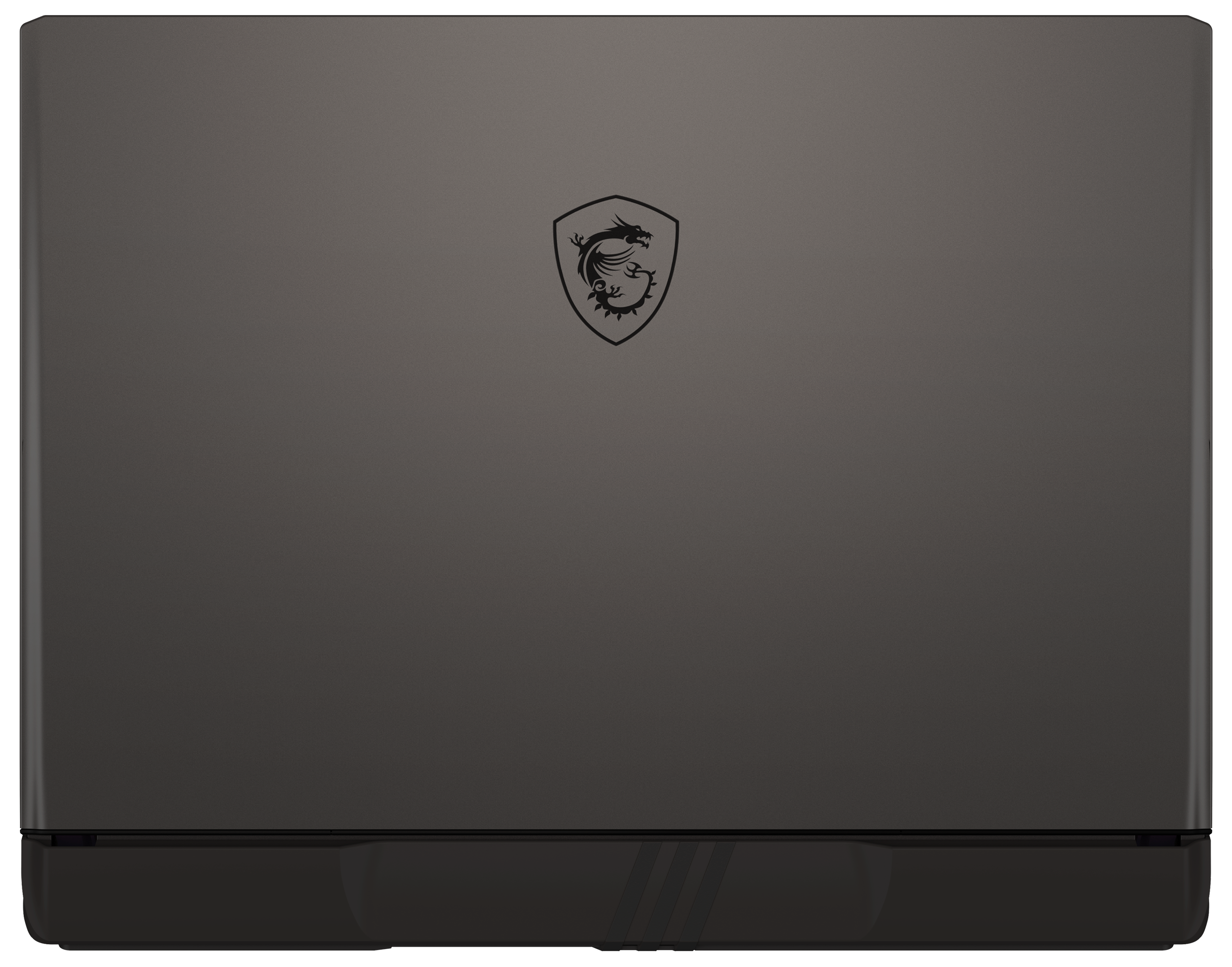 Dunkelgrauer Laptopdeckel mit schwarzem MSI-Logo. Der Boden ist schwarz. Der Deckel hat eine strukturierte Oberfläche.