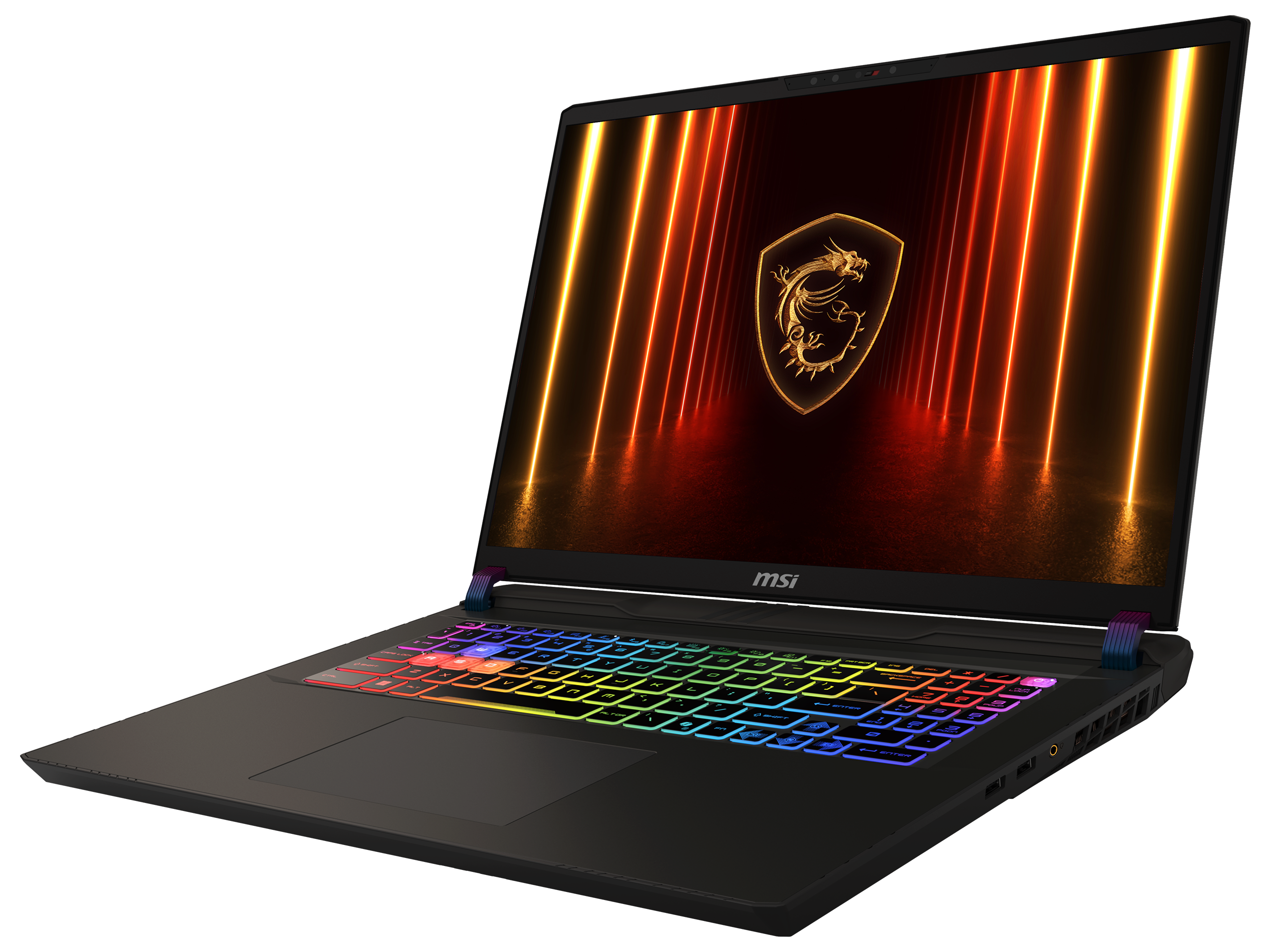 Schwarzer Laptop mit bunter Tastatur. Der Bildschirm zeigt einen abstrakten Hintergrund mit Logo. Der Laptop ist offen.