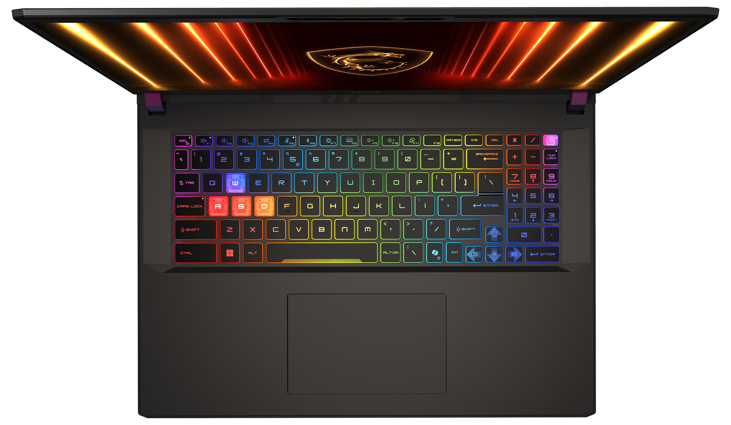 Laptop mit farbiger Tastaturbeleuchtung. Bildschirm zeigt orange und rote Lichter. Schwarze Oberfläche.