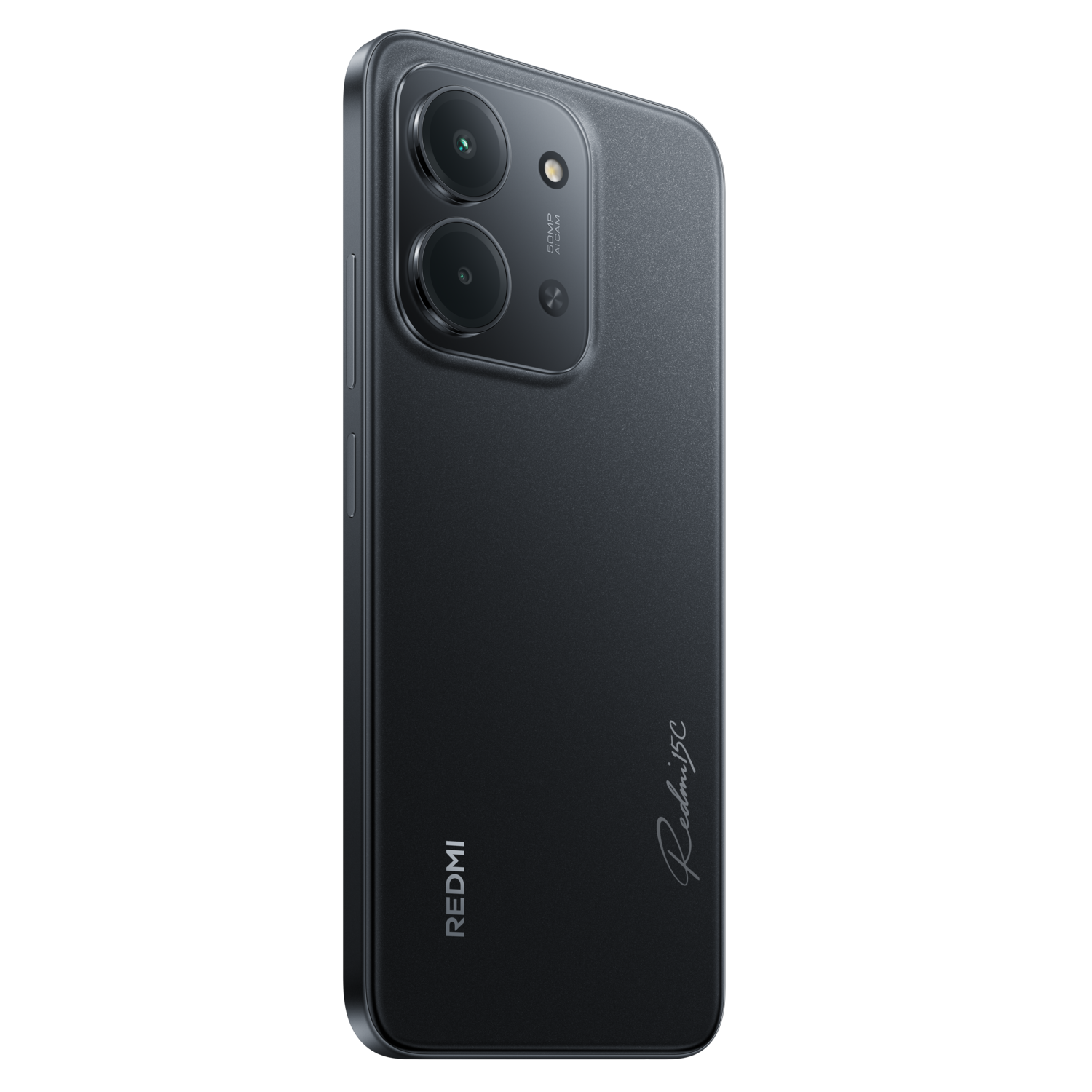 Zwarte smartphone, Redmi 15C. Dubbele camera bovenaan. Redmi-logo onderaan. Handtekening rechts. Zwarte achtergrond.