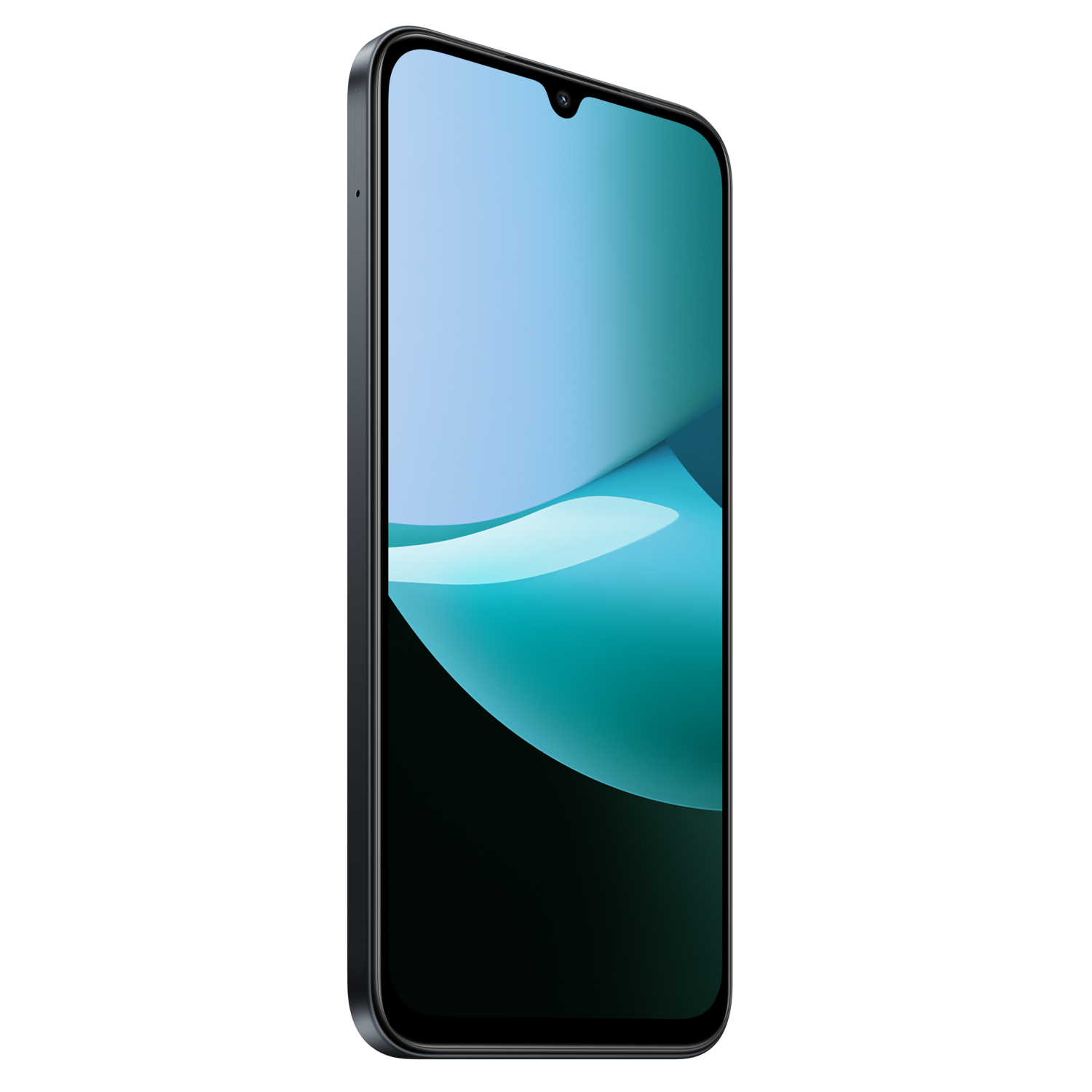 Een donkergrijze smartphone met een blauwgroen scherm wordt getoond tegen een zwarte achtergrond. Het scherm toont abstracte vormen.