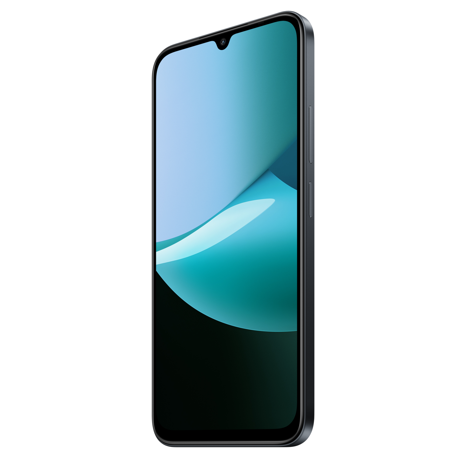 Een smartphone met een blauw en blauwgroen scherm, tegen een zwarte achtergrond. De telefoon is donkergrijs.