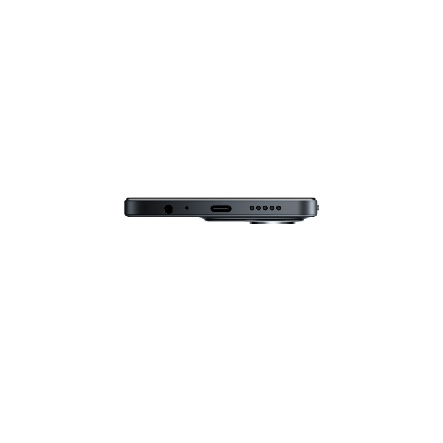 Zijaanzicht van een donkergrijze smartphone. Zichtbaar zijn een koptelefoonaansluiting, USB-C-poort, luidsprekergaten en een cameralens.