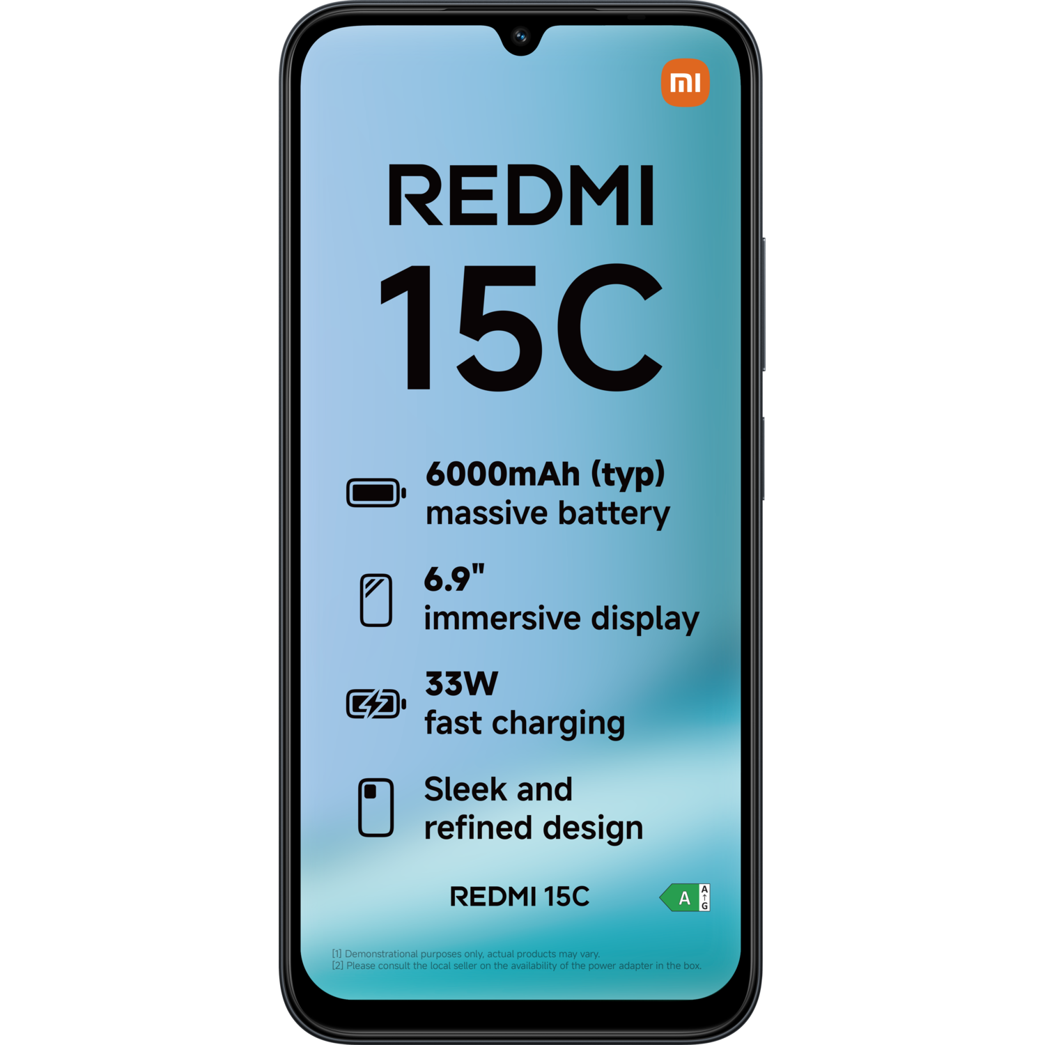 Een smartphonescherm toont 'REDMI 15C' met specificaties: enorme batterij, meeslepend scherm, snel opladen en verfijnd design.