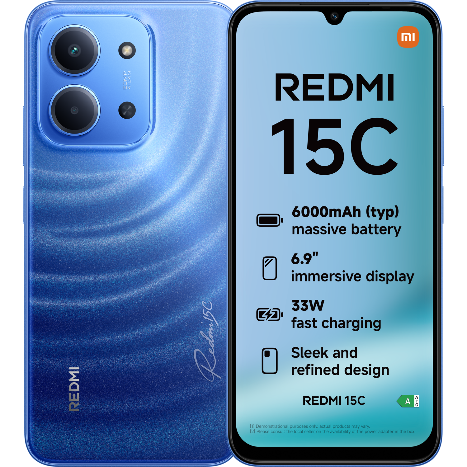 Een blauwe Redmi 15C telefoon. Kenmerken: 50MP camera, 6000mAh batterij, 6,9" scherm, 33W snelladen en een strak ontwerp.