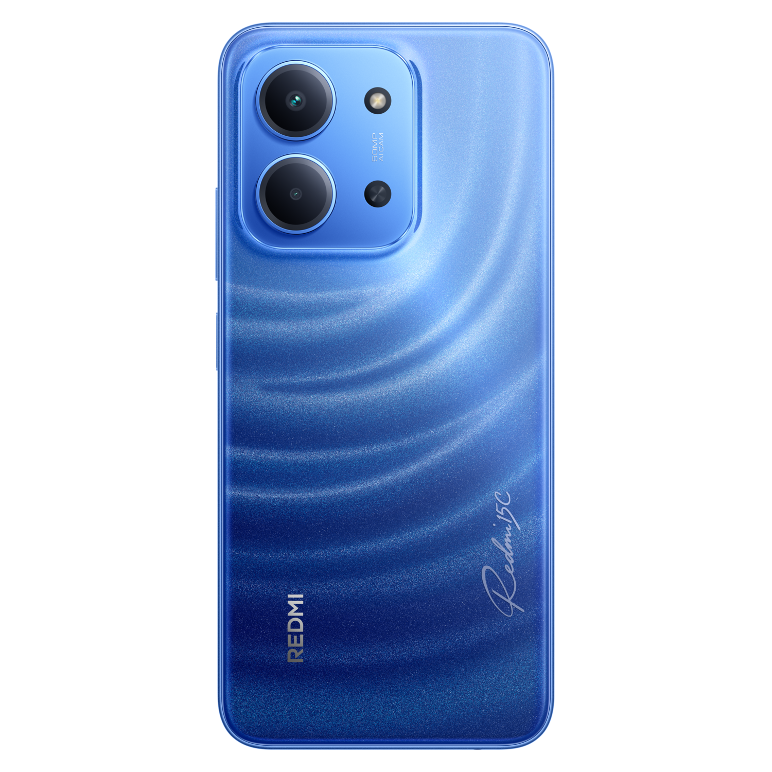 Blauwe achterkant van de Redmi 12C-telefoon. Voorzien van dubbele camera's, Redmi-logo en tekst 'Redmi 12C'. Wervelend ontwerp.