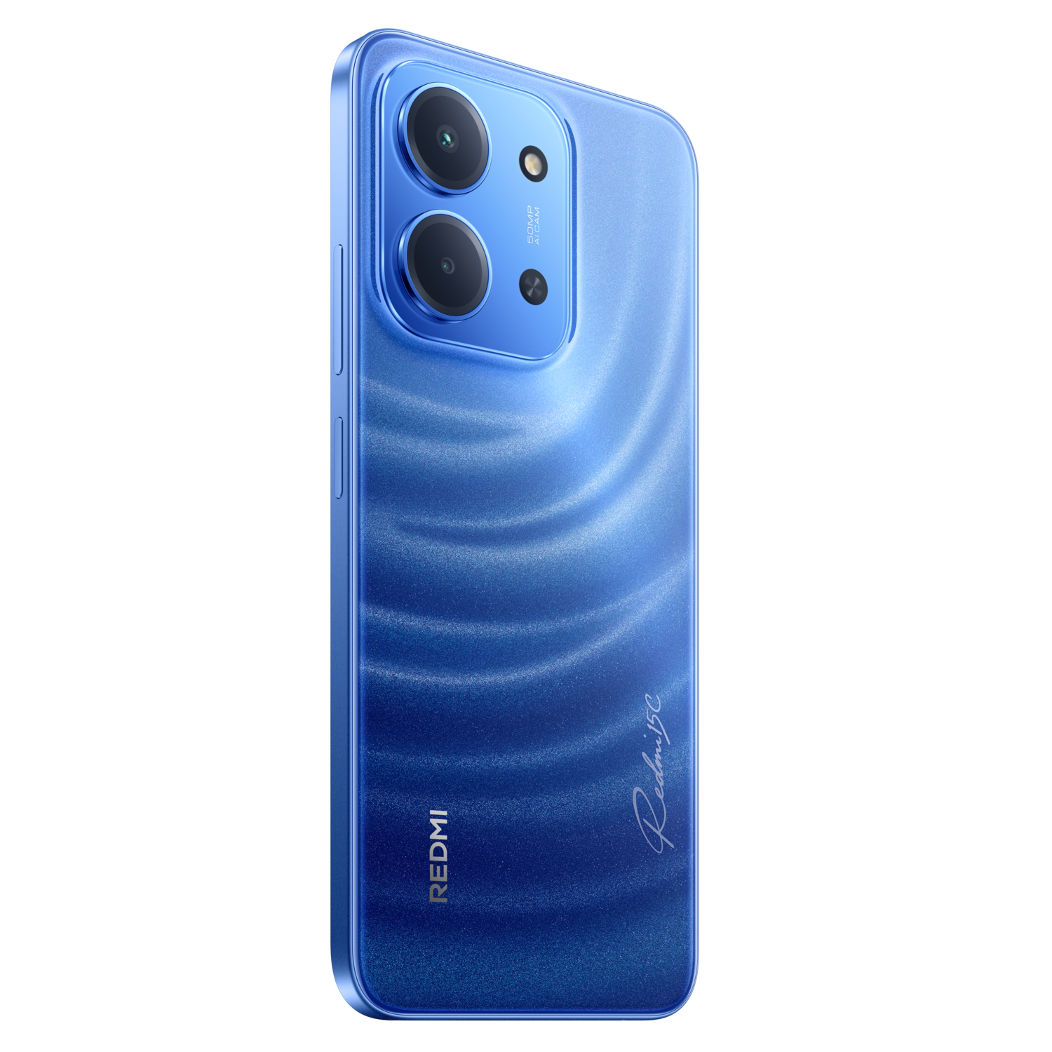 Een blauwe Redmi 13C smartphone. De telefoon heeft dubbele camera's, een golfpatroon en de Redmi- en Redmi 13C-logo's op de achterkant.