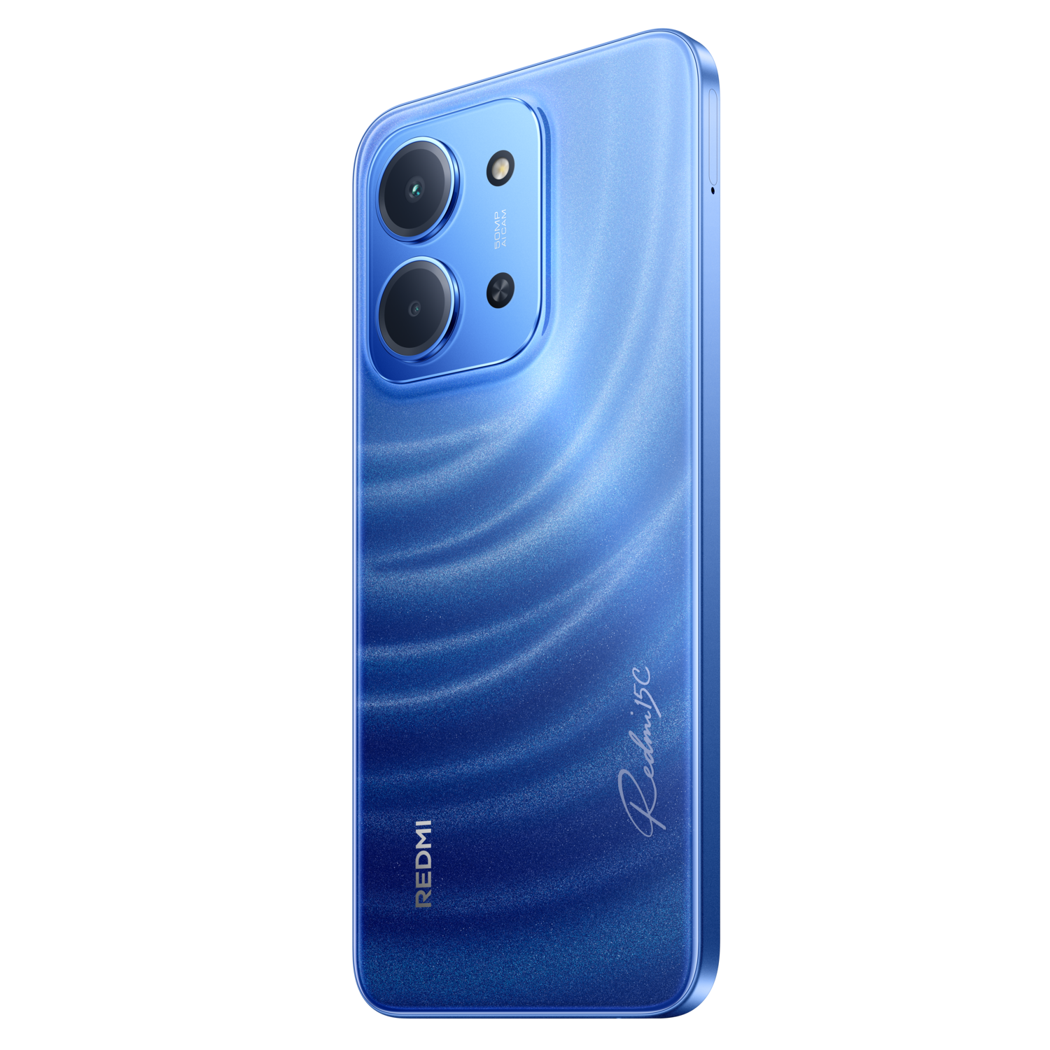 Een blauwe smartphone met twee camera's en een flitser wordt getoond tegen een zwarte achtergrond. Het merk 'Redmi' is zichtbaar.