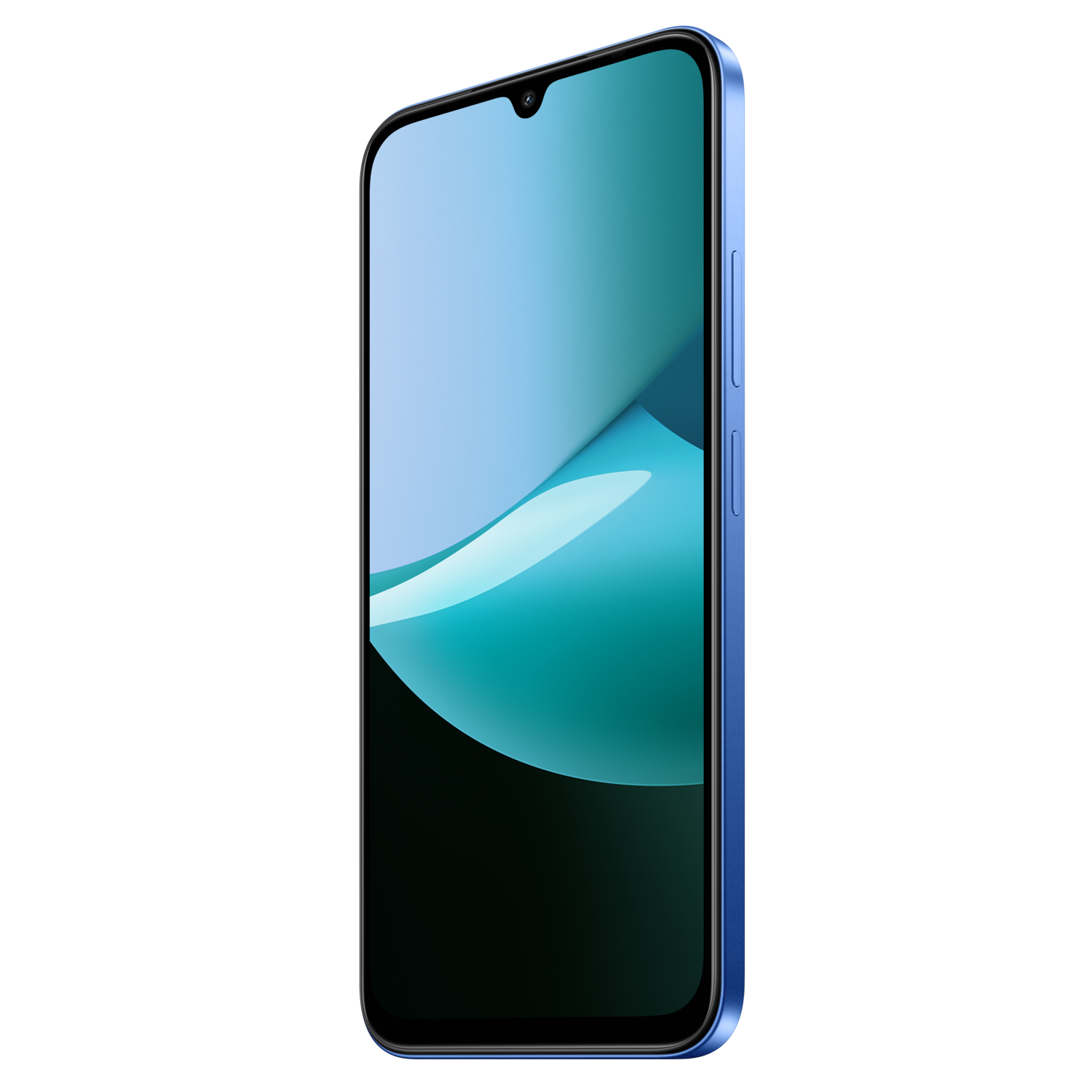 Een blauwe smartphone met een gebogen scherm met een blauw en turquoise ontwerp, tegen een zwarte achtergrond.