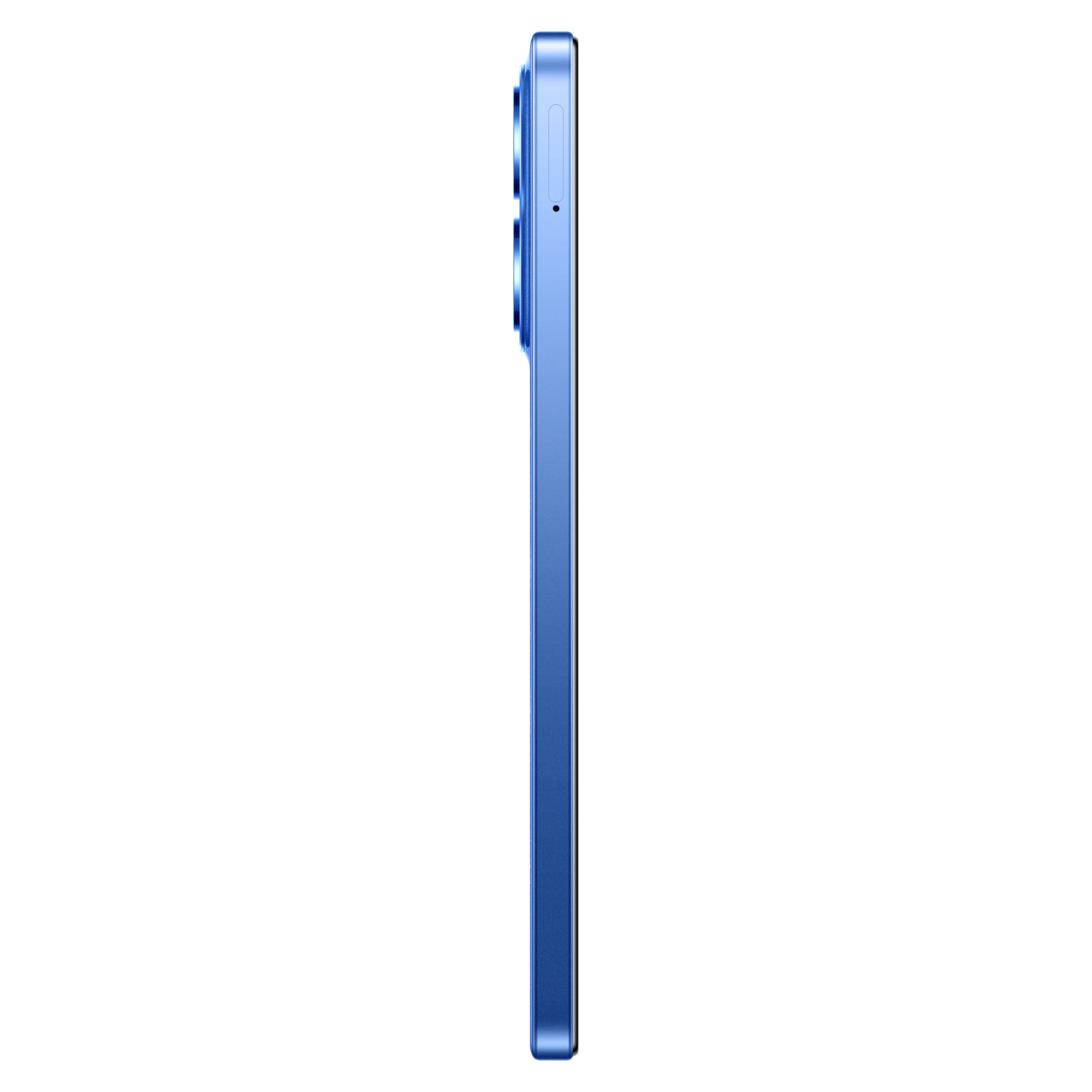 Een blauwe smartphone, zijaanzicht, tegen een zwarte achtergrond. Camera's, knoppen en een slank profiel zichtbaar.