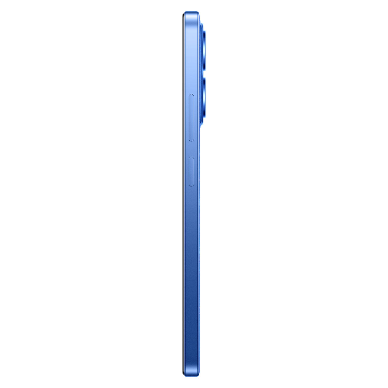 Zijaanzicht van een blauwe smartphone. De telefoon heeft een camerabult, volume- en aan/uit-knoppen. De achtergrond is zwart.