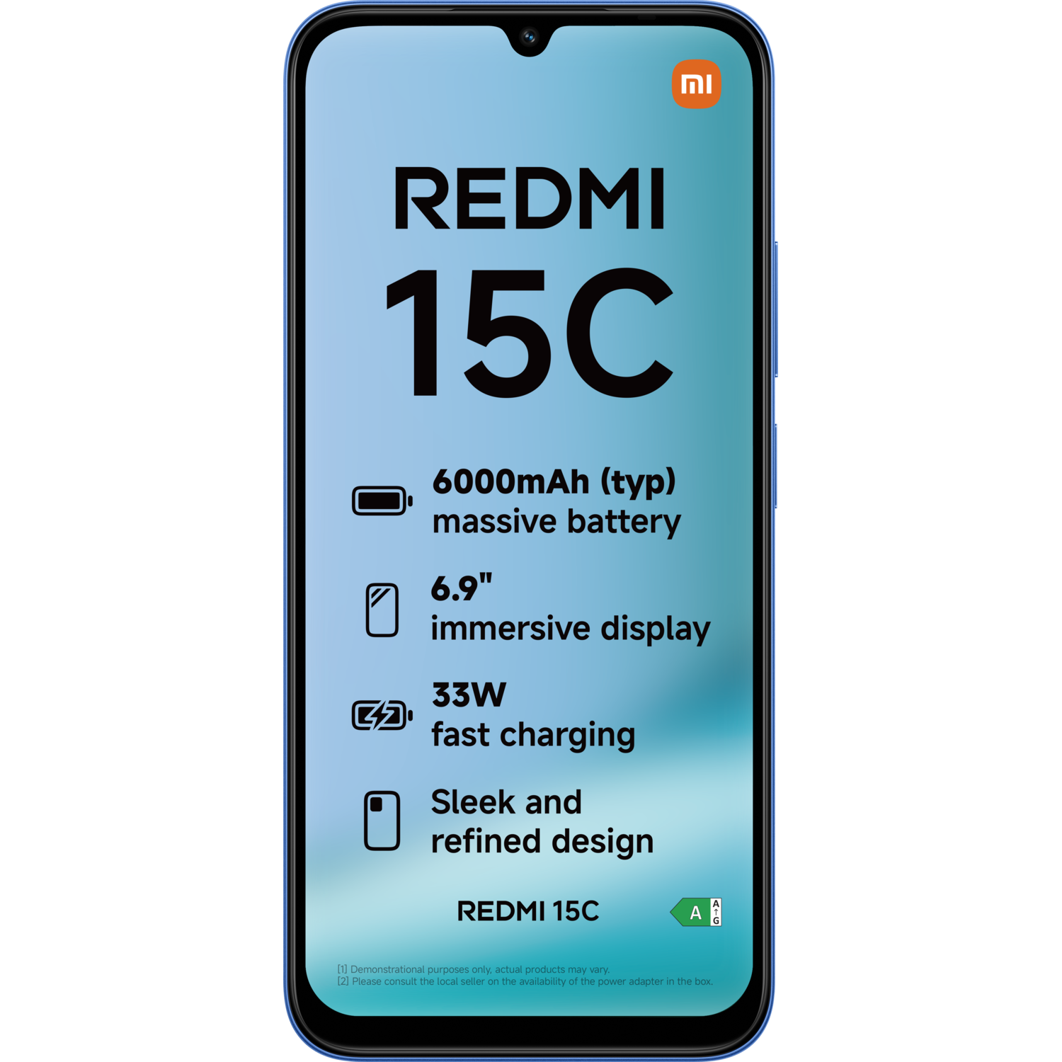 Een blauwe telefoon toont 'REDMI 15C', met functies: 6000mAh batterij, 6.9" scherm, 33W snel opladen en strak design.