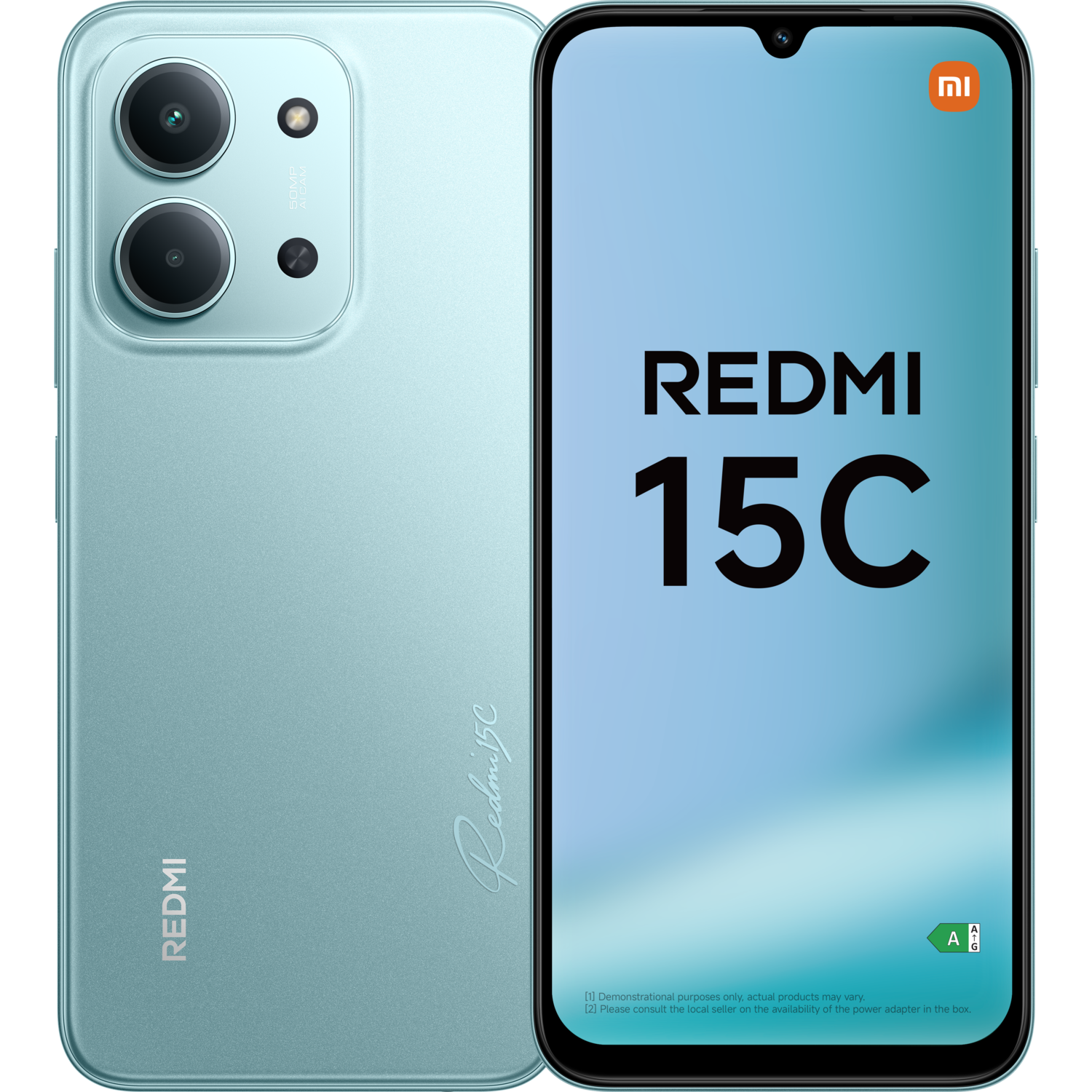 Ein türkisfarbenes Redmi 15C Smartphone wird gezeigt, das die Rückseite mit Kameras und die Vorderseite mit eingeschaltetem Bildschirm zeigt.