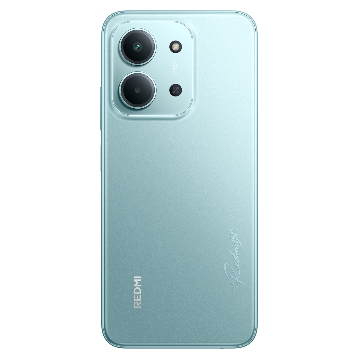 Lichtblauwe smartphone-achterkant. Twee camera's bovenaan, Redmi-logo onderaan en Redmi 13C-opschrift. Zwarte achtergrond.