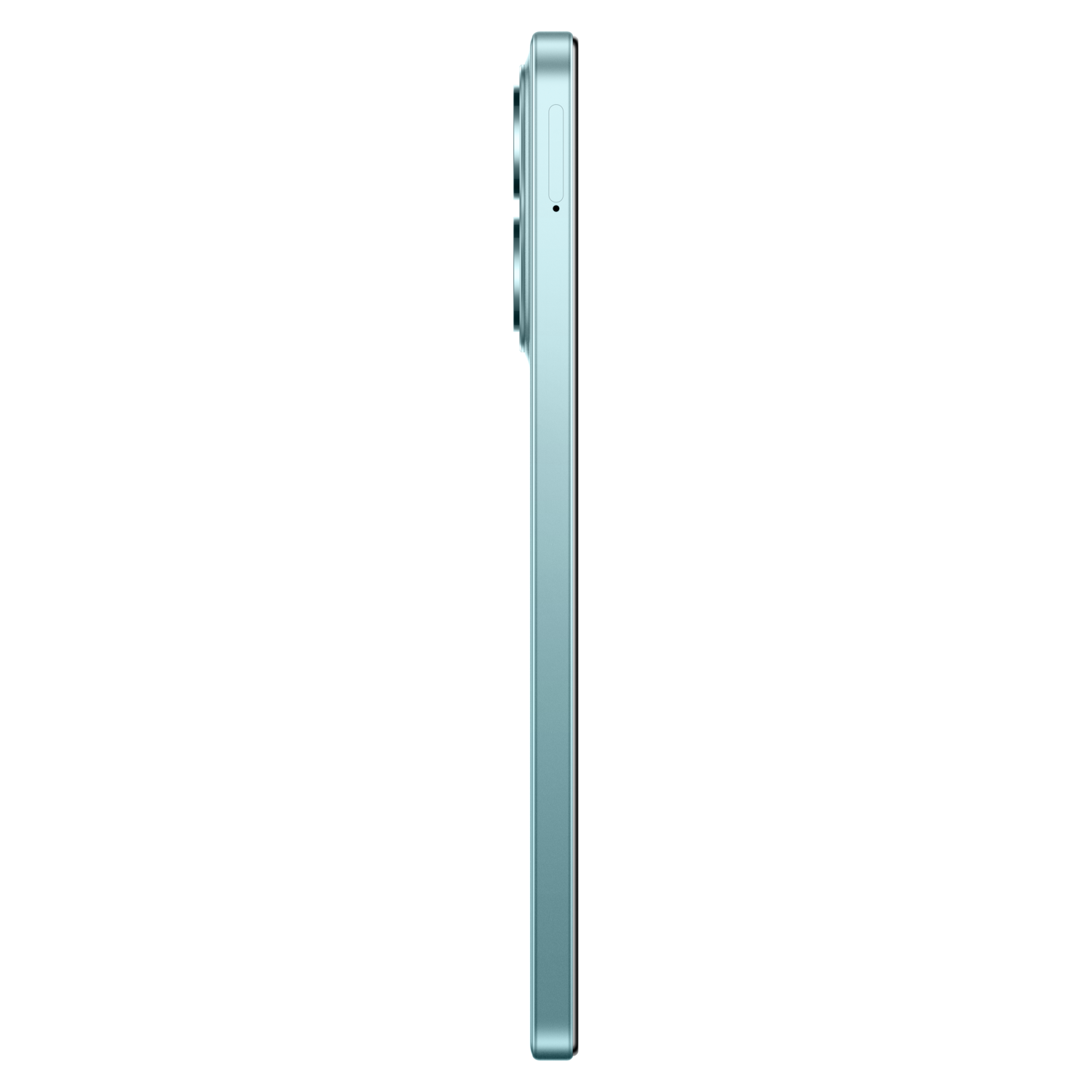 Zijaanzicht van een turquoise smartphone tegen een zwarte achtergrond. De telefoon heeft een camerabult en knoppen aan de zijkant.