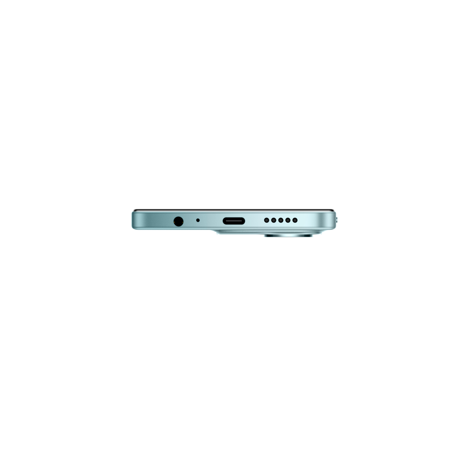De onderkant van een lichtblauwe smartphone is zichtbaar tegen een zwarte achtergrond, met poort, microfoon en luidsprekers.