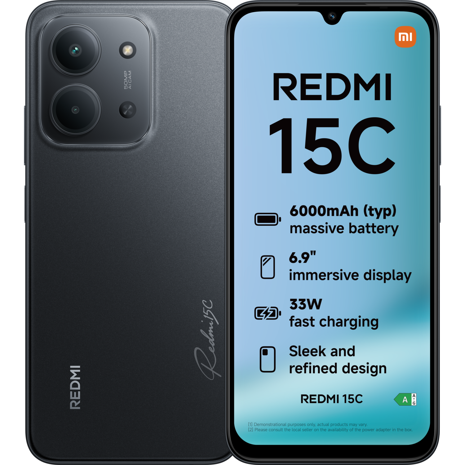 Een zwarte Redmi 15C smartphone met een scherm dat functies toont: 6000mAh batterij, 6.9" display, 33W snelladen. Redmi-logo zichtbaar.